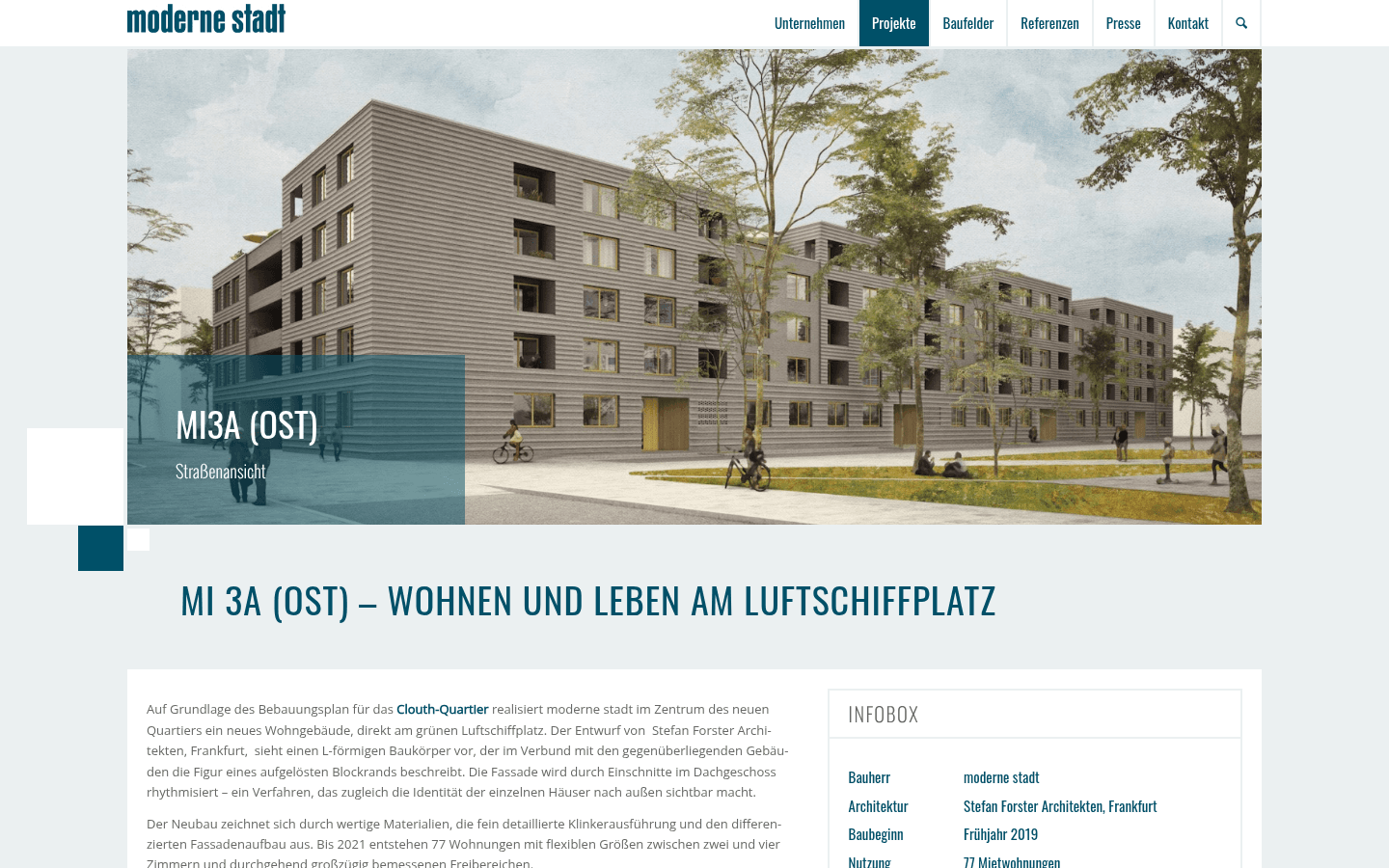 Einzelprojekt-Datenblatt der modernen stadt zum Clouth-Baufeld MI 3a Ost mit Wohnungszahlen und Bauzeit