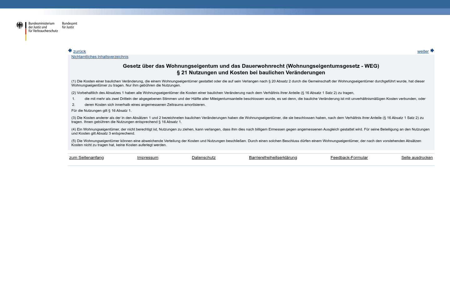 Gesetzestext von § 21 WEG zur Kostentragung bei baulichen Veränderungen auf gesetze-im-internet.de