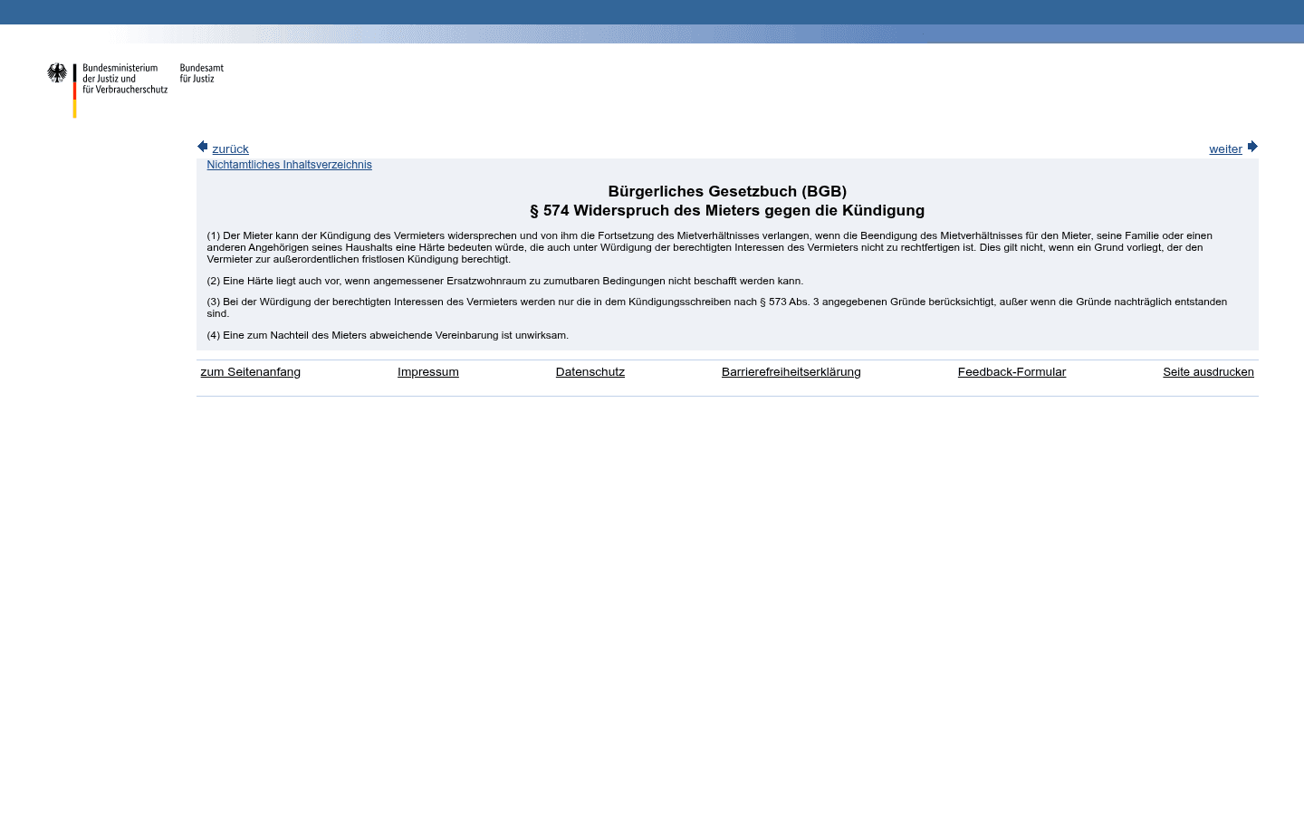 Gesetzestext von § 574 BGB zum Widerspruch des Mieters wegen unzumutbarer Härte auf gesetze-im-internet.de