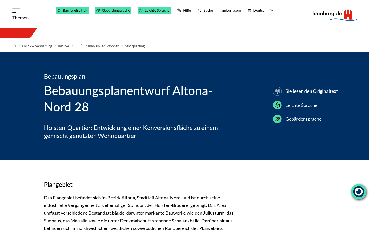 Offizielle Seite des Bezirksamts Altona zum Bebauungsplanentwurf Altona-Nord 28 Holsten-Quartier