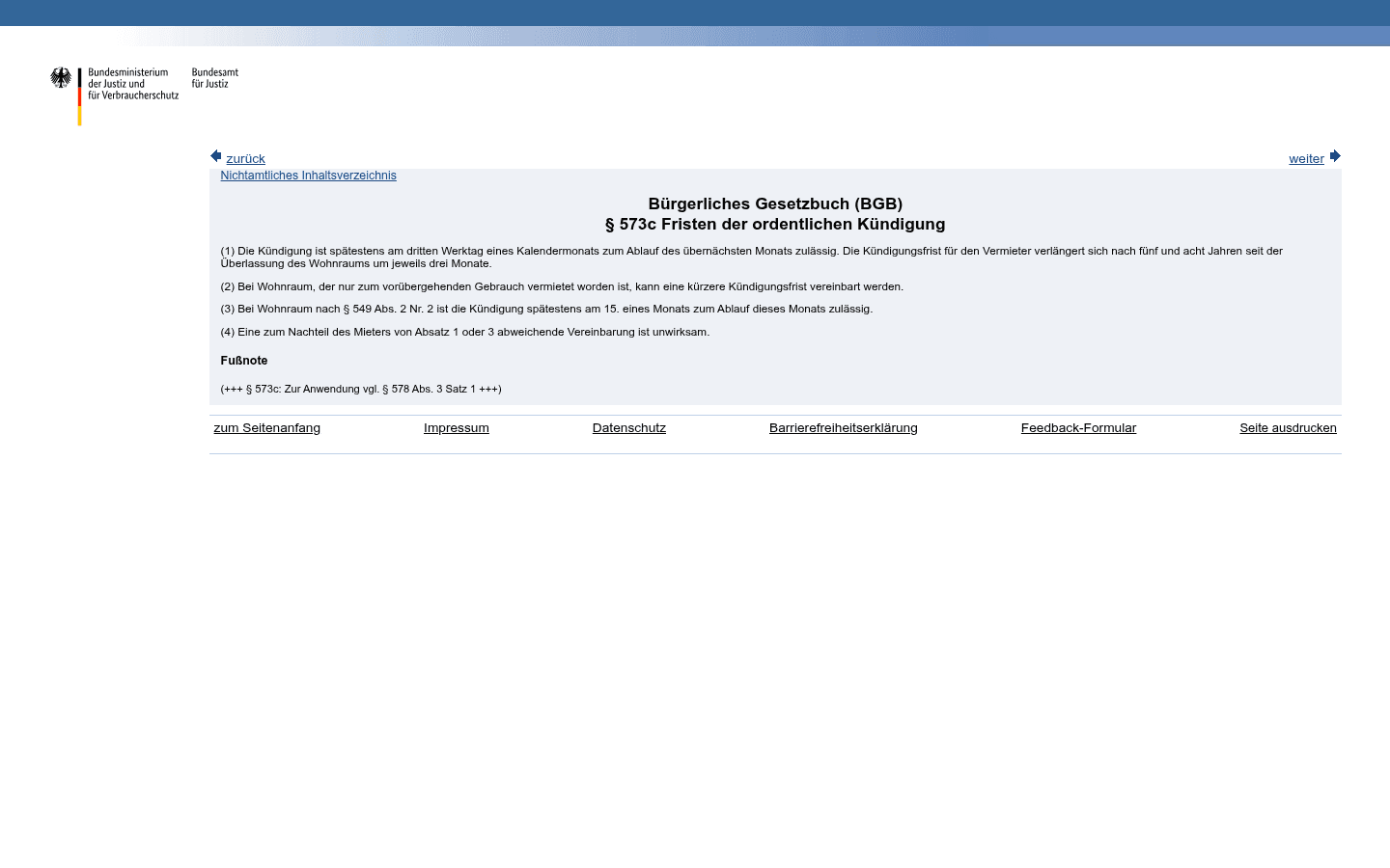 Screenshot von § 573c BGB mit dem Gesetzestext zu den Fristen der ordentlichen Kündigung und der Staffelung nach Mietdauer