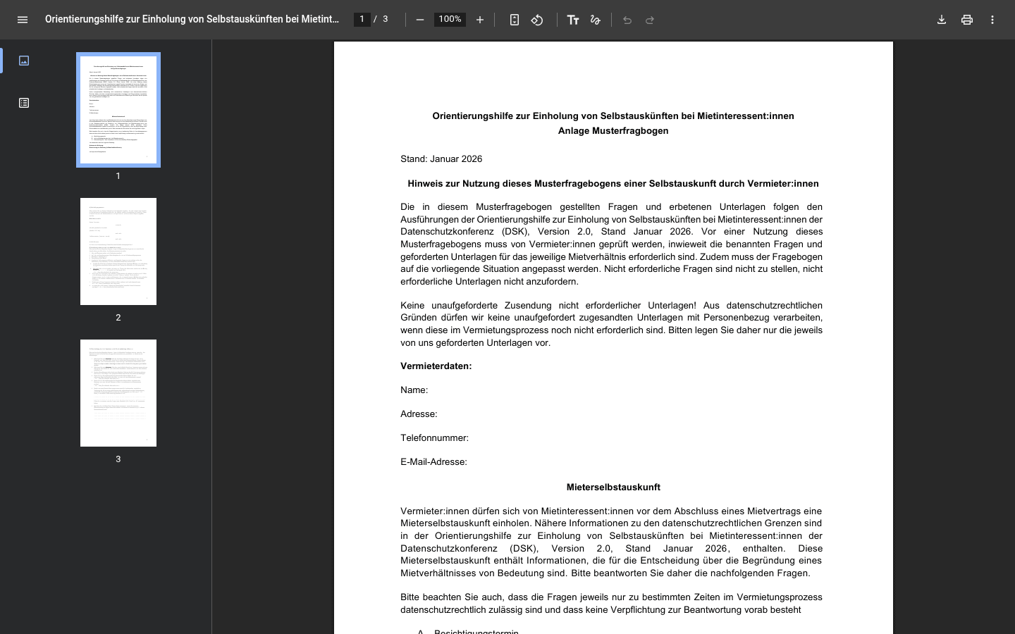 Screenshot des Muster-Mietinteressentenbogens im Anhang der Orientierungshilfe der Datenschutzkonferenz, der zulässige und unzulässige Fragen amtlich gegenüberstellt