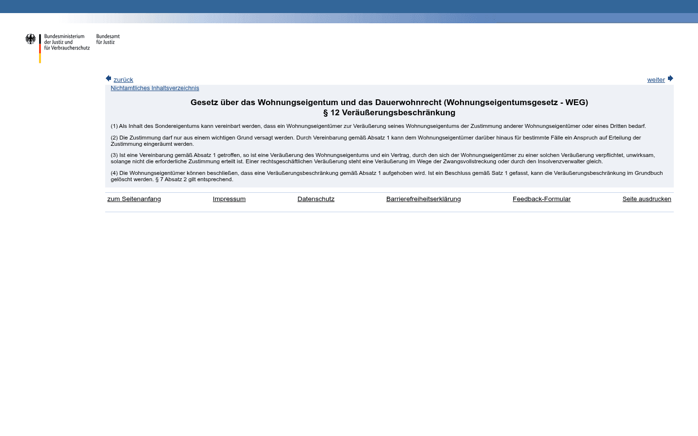 Screenshot von § 12 WEG (Veräußerungsbeschränkung), Absatz 4 zur Aufhebung durch Beschluss