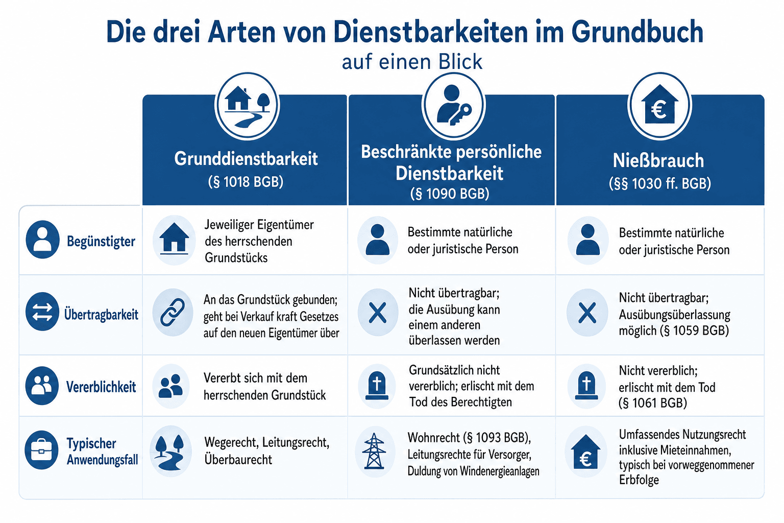 Infografik: Grunddienstbarkeit im Grundbuch: die drei Arten im Überblick Art: Grunddienstbarkeit (§ 1018 BGB) | Begünstigter: Jeweil...