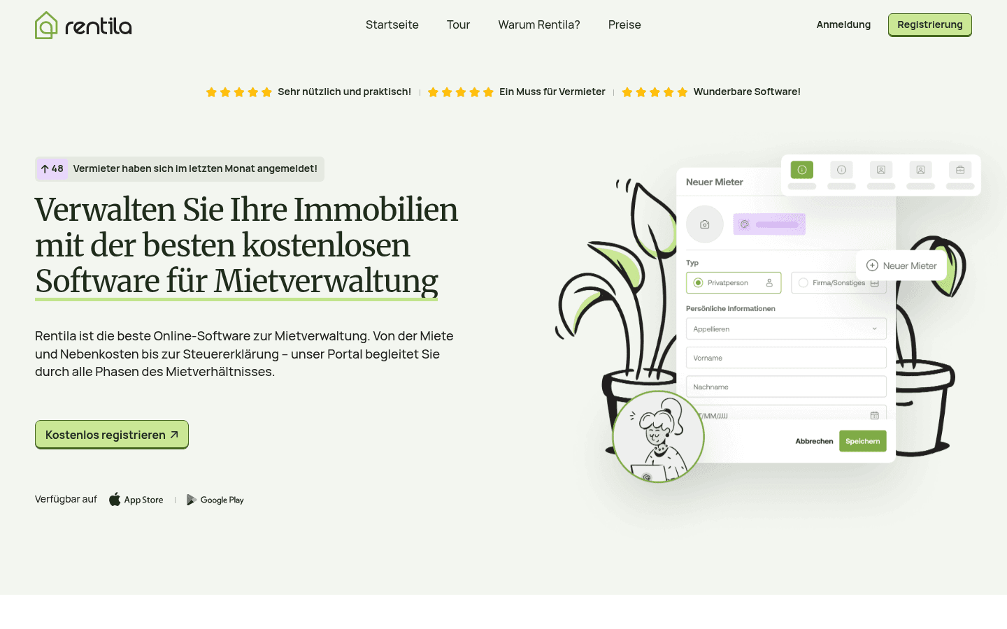 Startseite der kostenlosen Mietverwaltungs-Software Rentila mit Gratis-Oberfläche