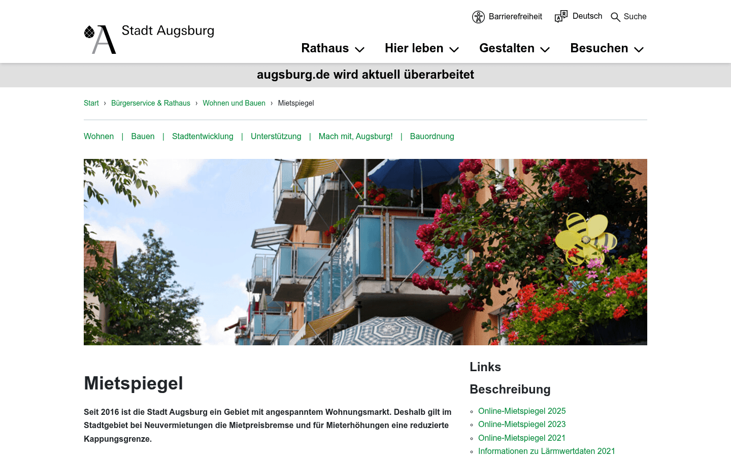 Amtliche Mietspiegel-Seite der Stadt Augsburg mit Tabelle und interaktivem Online-Rechner
