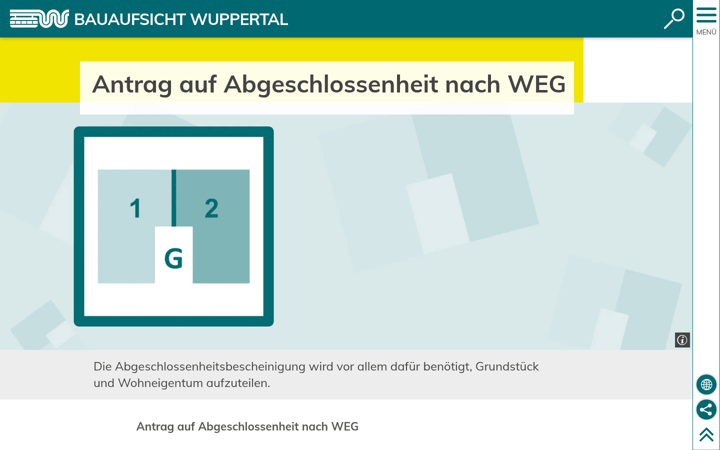 Amtliches Antragsformular der Bauaufsicht Wuppertal für die Abgeschlossenheitsbescheinigung mit Anforderungen an den Aufteilu