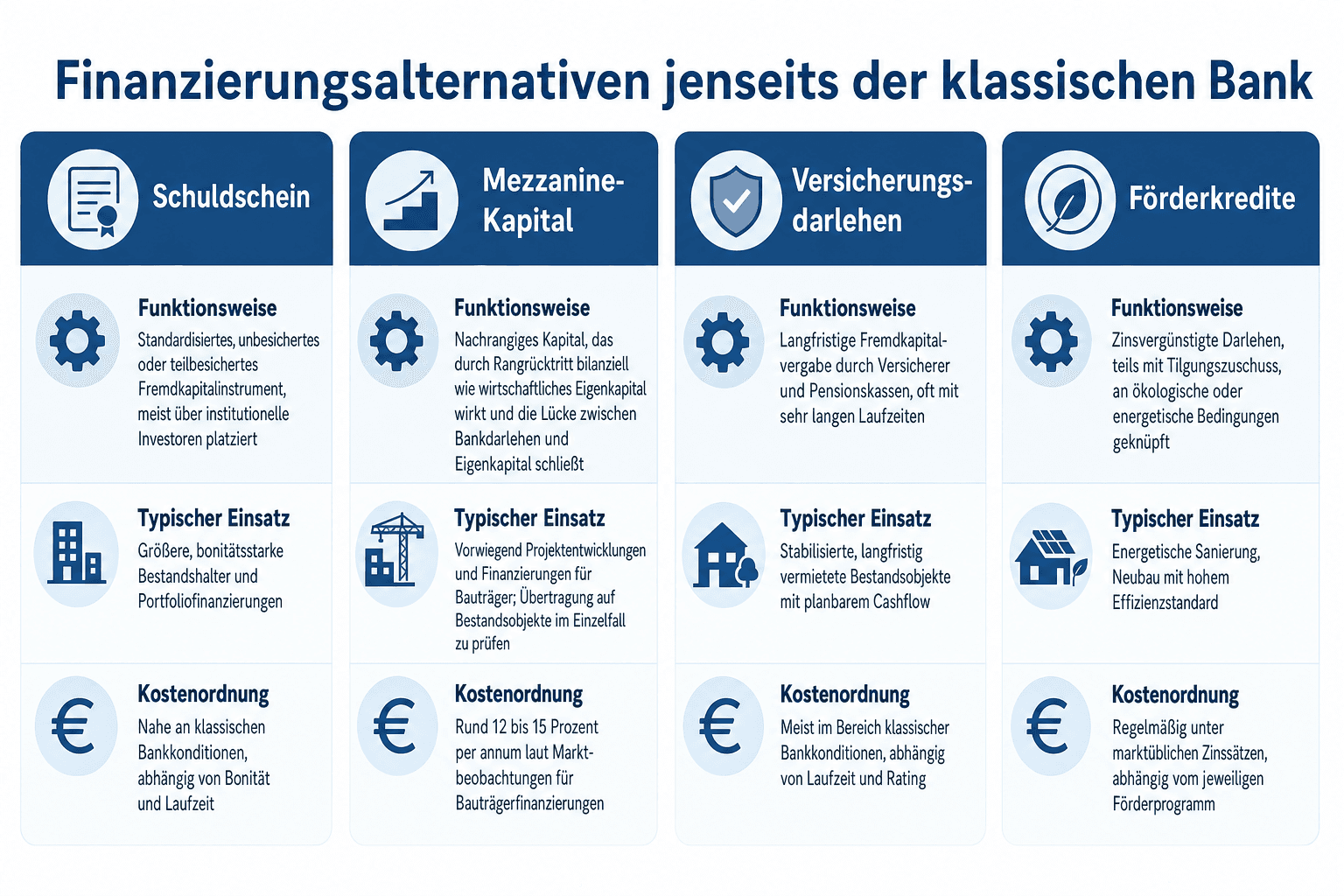 Infografik: Finanzierungsalternativen jenseits der klassischen Bank – Überblick über Schuldschein, Mezzanine-Kapital, Versicherungsdarlehen und Förderkredite mit Funktionsweise, typischem Einsatz und Kostenordnung