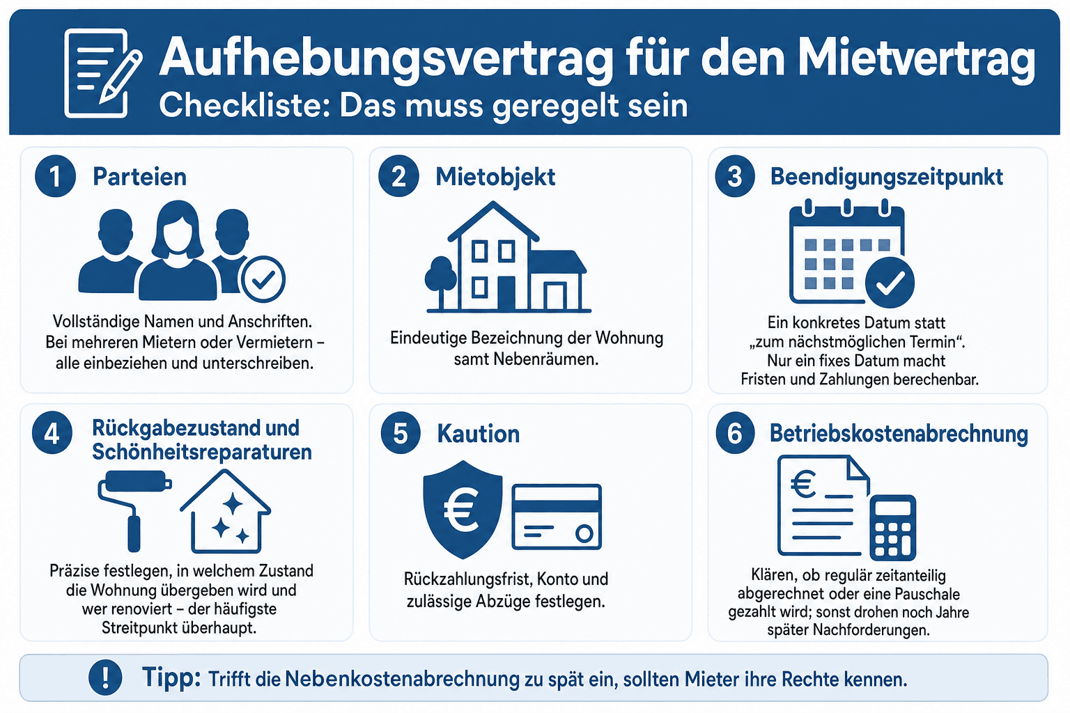 Infografik: Was muss im Aufhebungsvertrag für den Mietvertrag geregelt sein? (Checkliste) 1. Parteien: Vollständige Namen und Anschr...