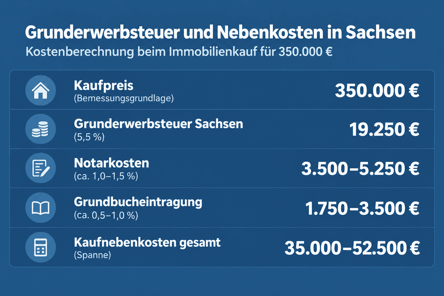 Infografik: Grunderwerbsteuer in Sachsen: Aktueller Satz und Beispielrechnung Position: Kaufpreis (Bemessungsgrundlage) | Ansatz: –...