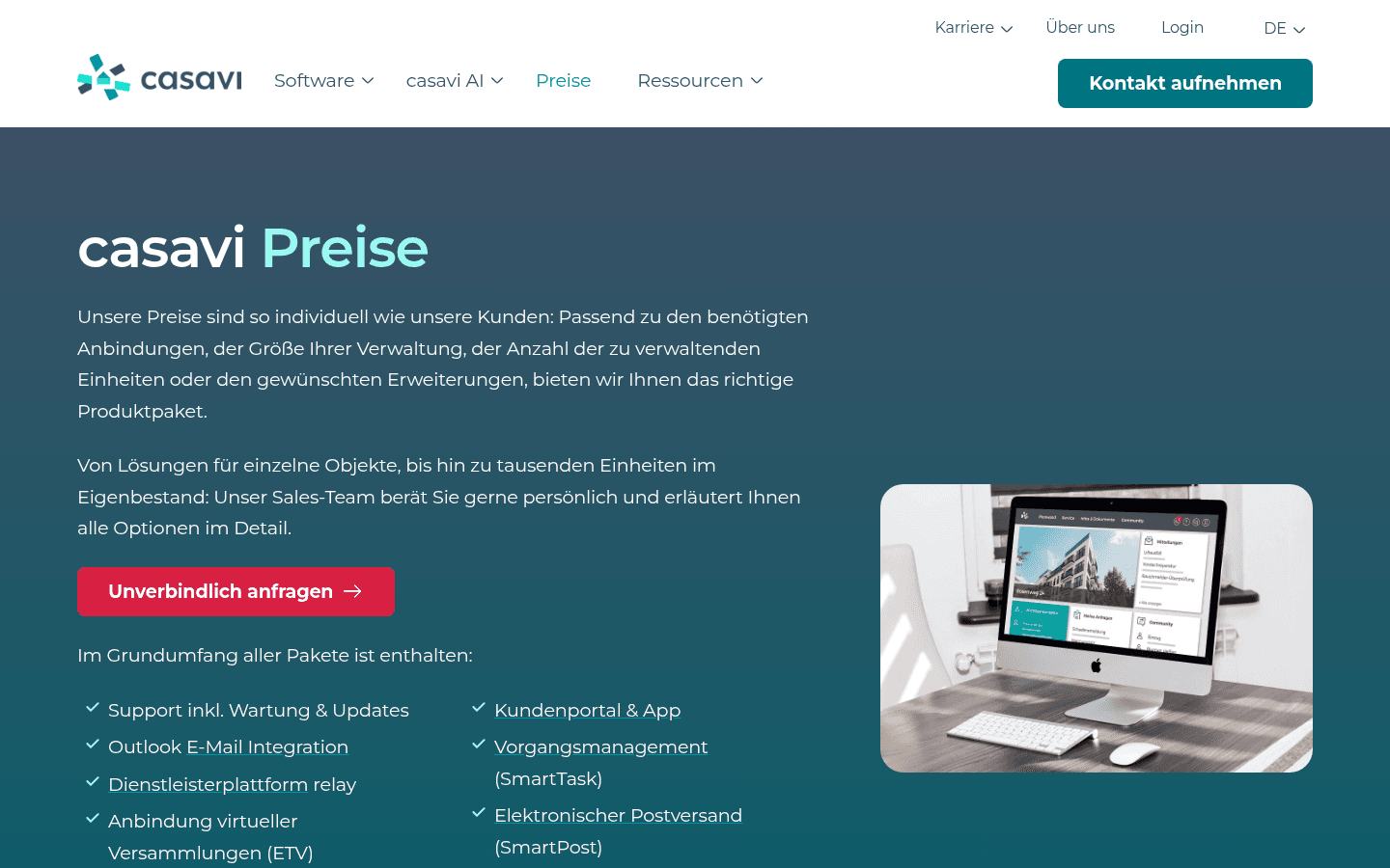 casavi Preisseite mit den Paketstufen Core S, Core M und Core L und Preisen je Einheit