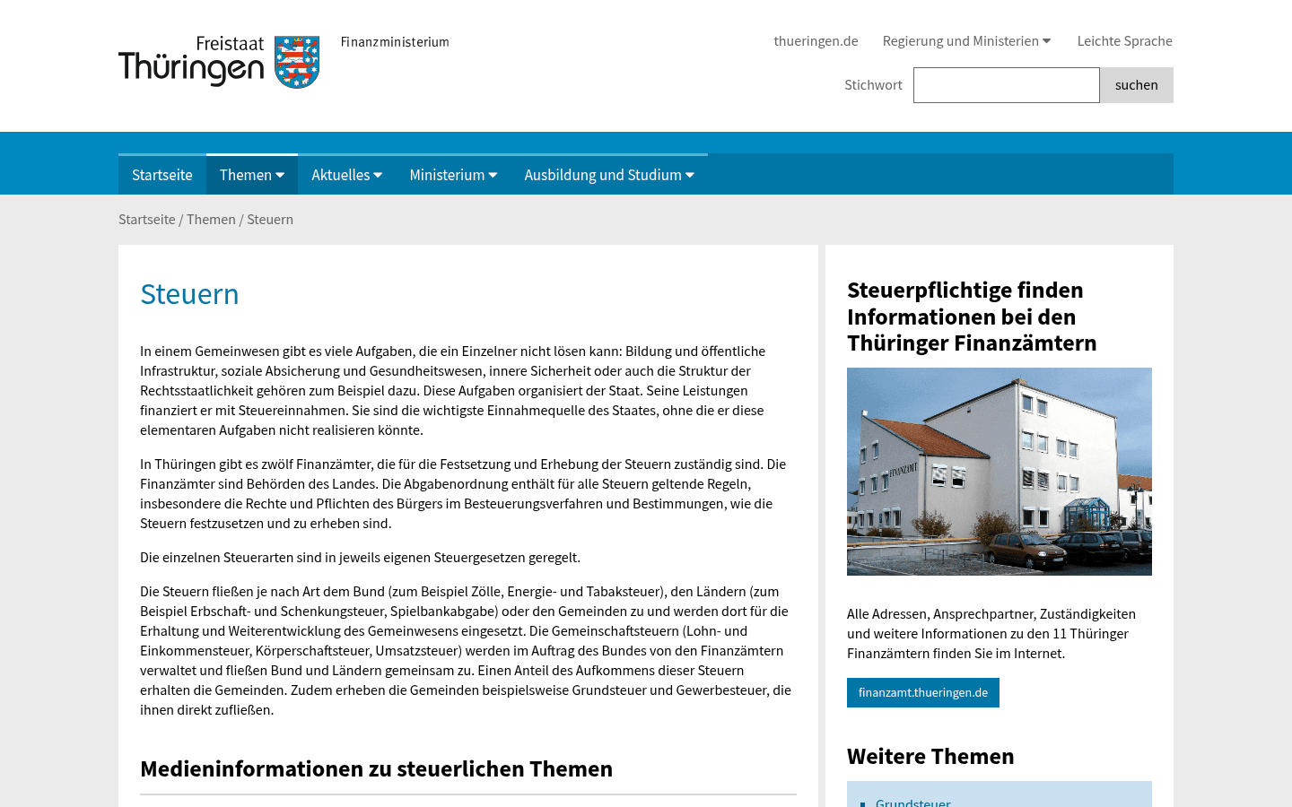 Steuer-Themenseite des Thüringer Finanzministeriums mit Informationen zur Grunderwerbsteuer