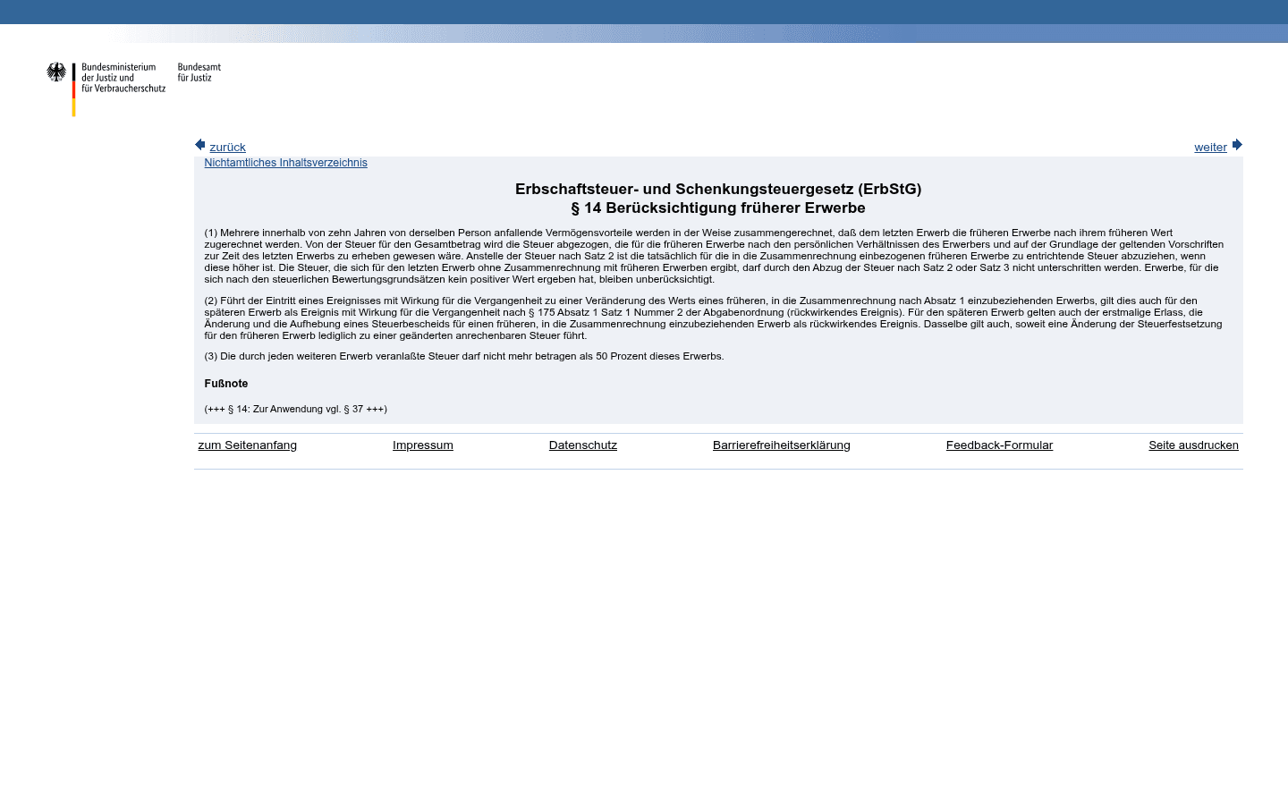 Gesetzestext von § 14 ErbStG zur Zusammenrechnung früherer Erwerbe innerhalb von zehn Jahren auf gesetze-im-internet.de