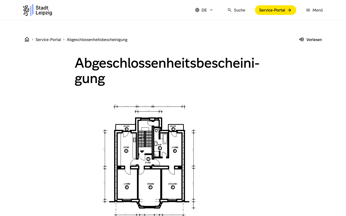 Amtliche Leipziger Dienstleistungsseite zur Abgeschlossenheitsbescheinigung mit Voraussetzungen, Unterlagen und Gebühren