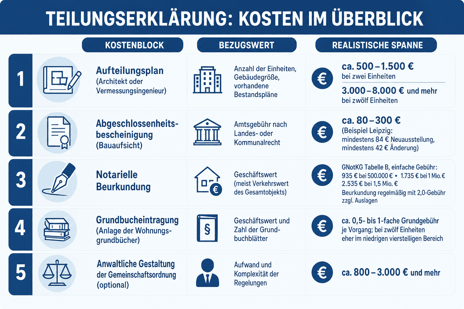 Infografik: Teilungserklärung – Kostenübersicht mit den drei Kostenblöcken Erstellung durch Notar oder Fachplaner (Spanne rund 500 bis über 8.000 Euro, Bezugswert: Zahl der Einheiten und Geschäftswert), Abgeschlossenheitsbescheinigung (Spanne rund 80 bis 300 Euro, Bezugswert: Amtsgebühr des Bundeslands) und Grundbucheintragung (Spanne rund 0,5- bis 1-fache GNotKG-Grundgebühr, Bezugswert: Geschäftswert und Zahl der Grundbuchblätter)