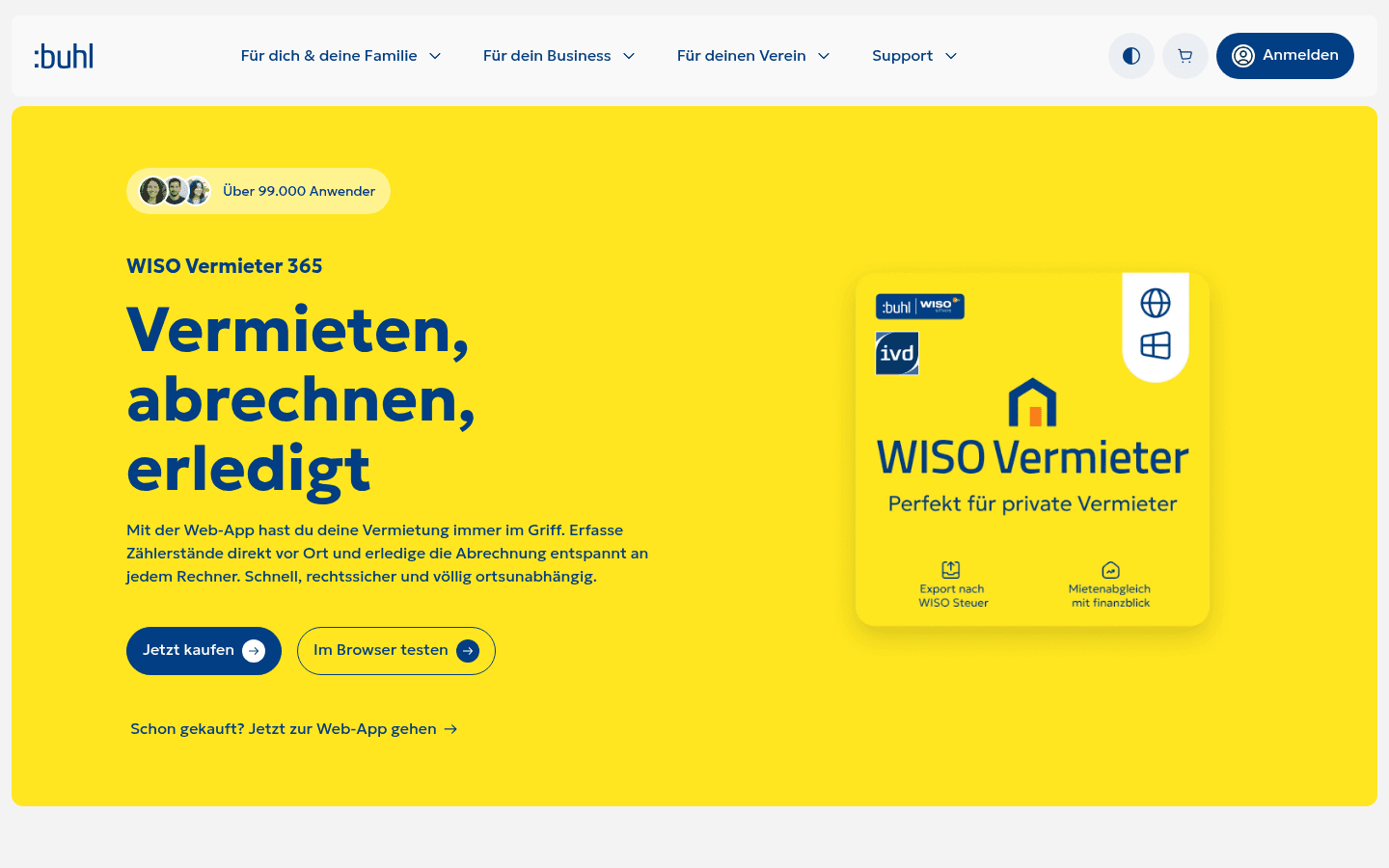 Offizielle Produktseite von WISO Vermieter 365 mit Abrechnungsfunktionen im Ueberblick