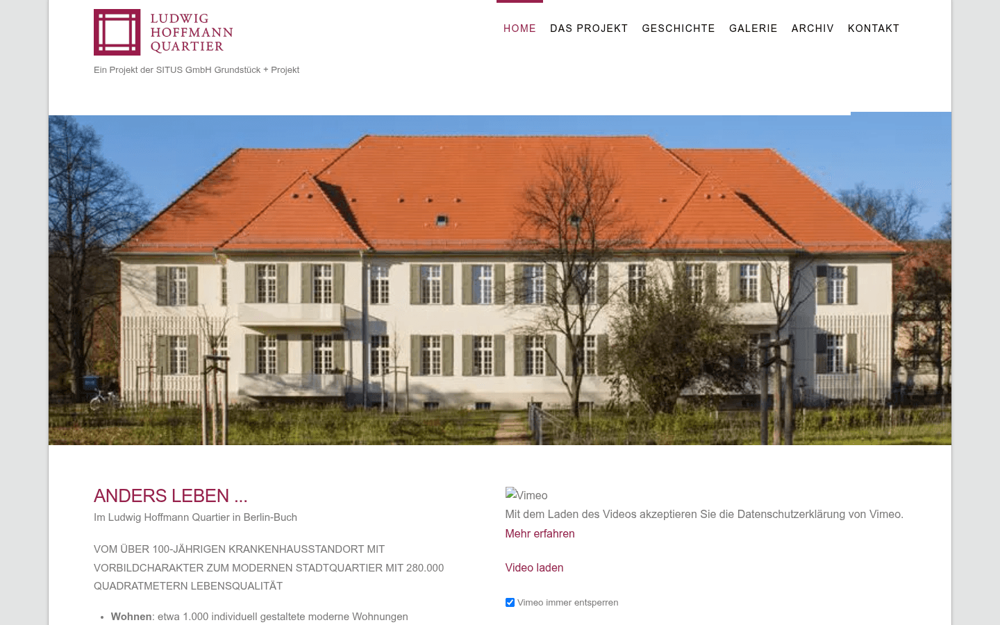 Offizielle Projektwebsite l-h-q.de mit saniertem Denkmalensemble und Quartiersvisualisierung des Ludwig Hoffmann Quartiers