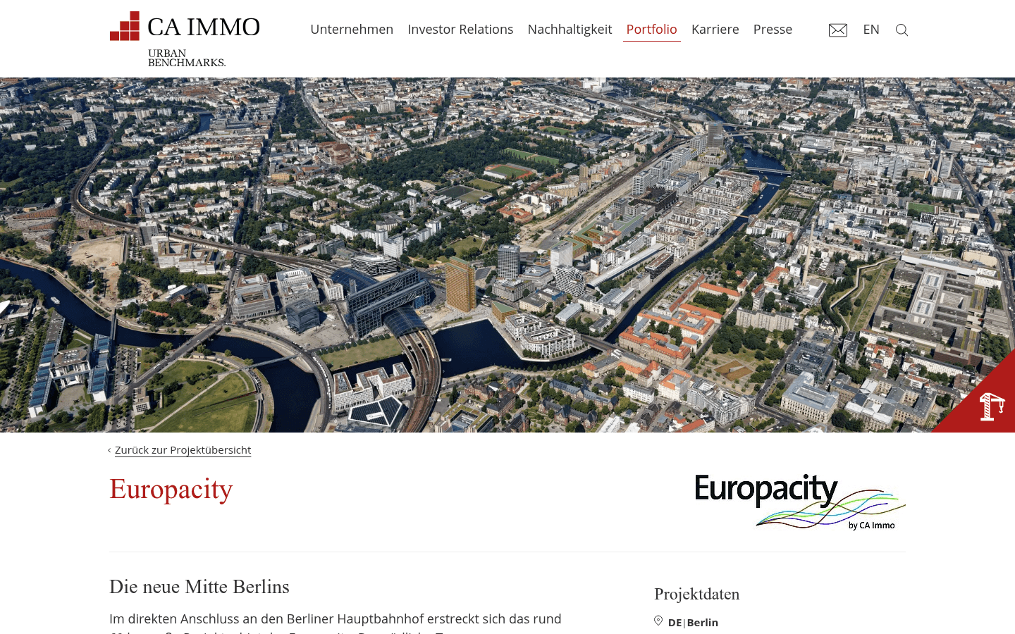 Projektdatenblatt der CA Immo zur Europacity mit Einzelprojekten und Kennzahlen