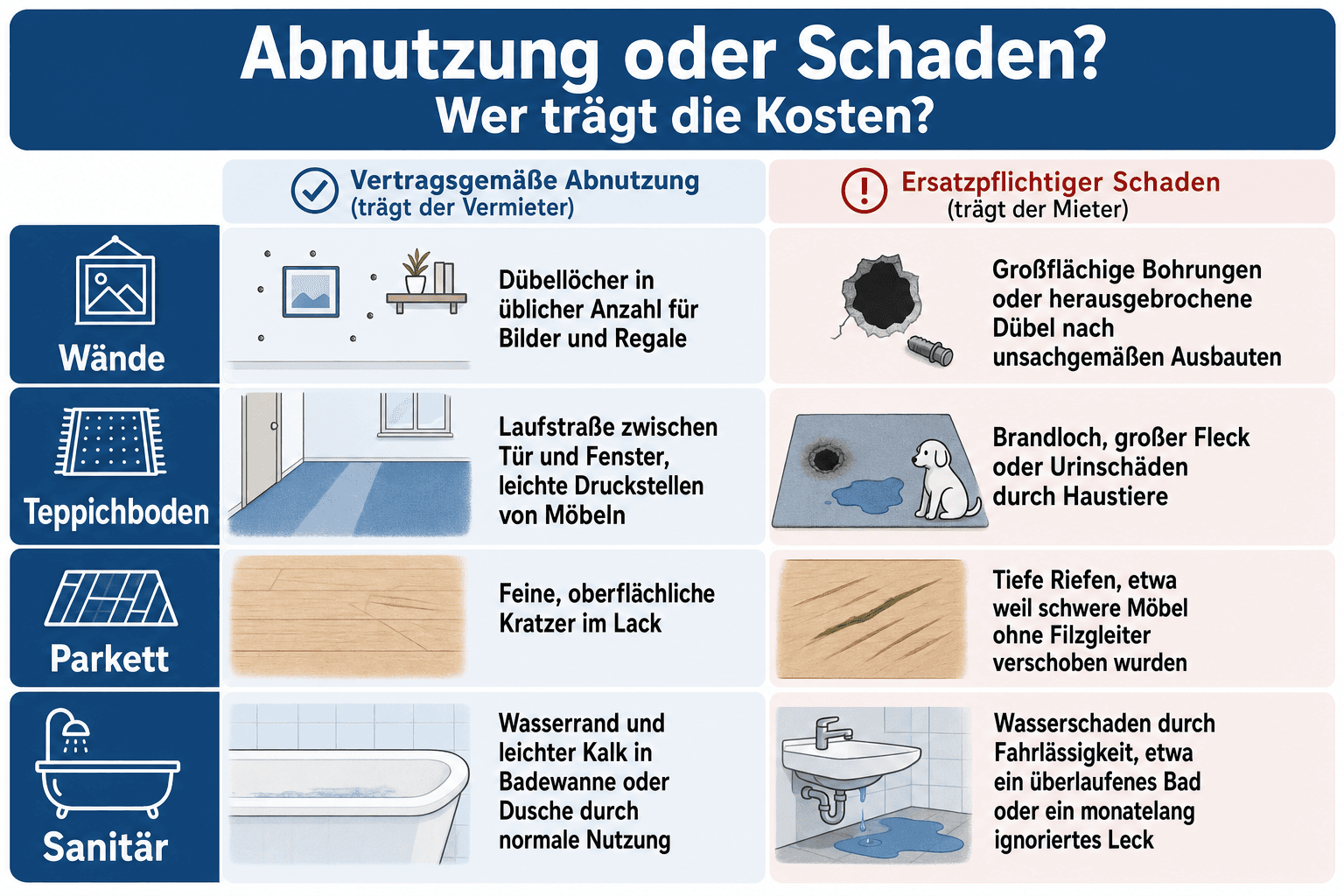 Infografik: Vertragsgemäße Abnutzung oder ersatzpflichtiger Schaden? Vier Beispiele im Vergleich – Dübellöcher in der Wand, Laufstraße im Teppich, Kratzer im Parkett und Wasserrand im Bad – mit der jeweiligen Rechtsfolge für Mieter und Vermieter