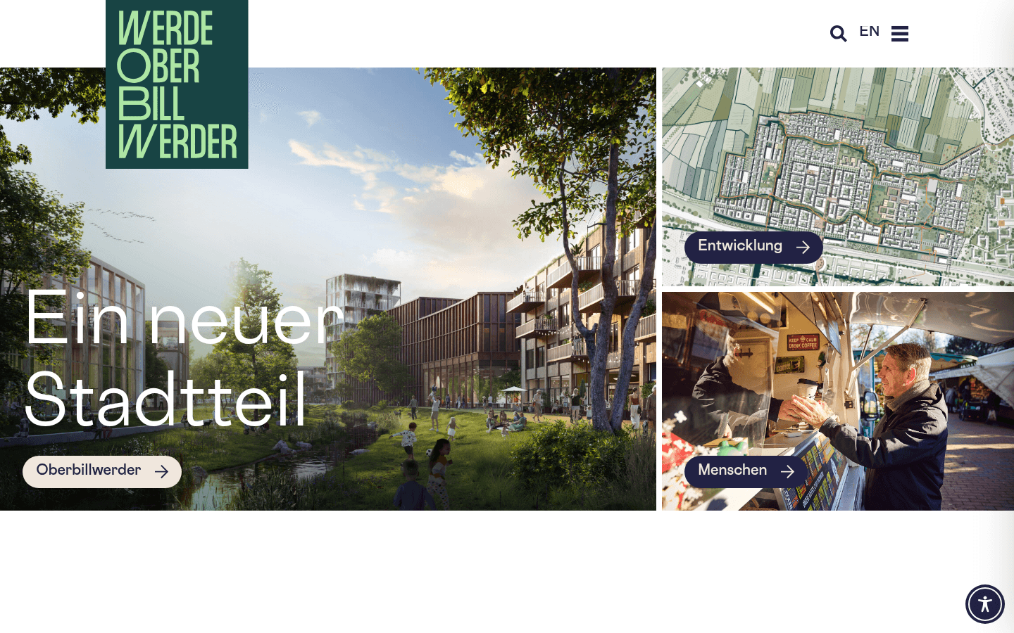 Startseite der offiziellen Projektwebsite Oberbillwerder mit Masterplan-Bezug und Verweis auf den Grünen Loop