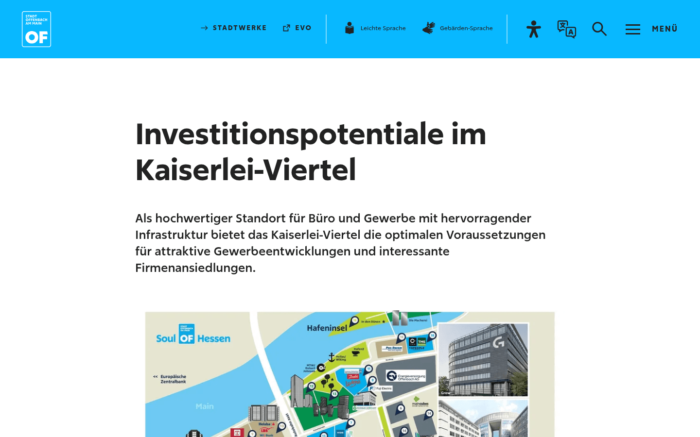 Projektseite der Stadt Offenbach zum Kaiserlei mit Investitionsplan und Rahmenplan fuer Unternehmensansiedlung