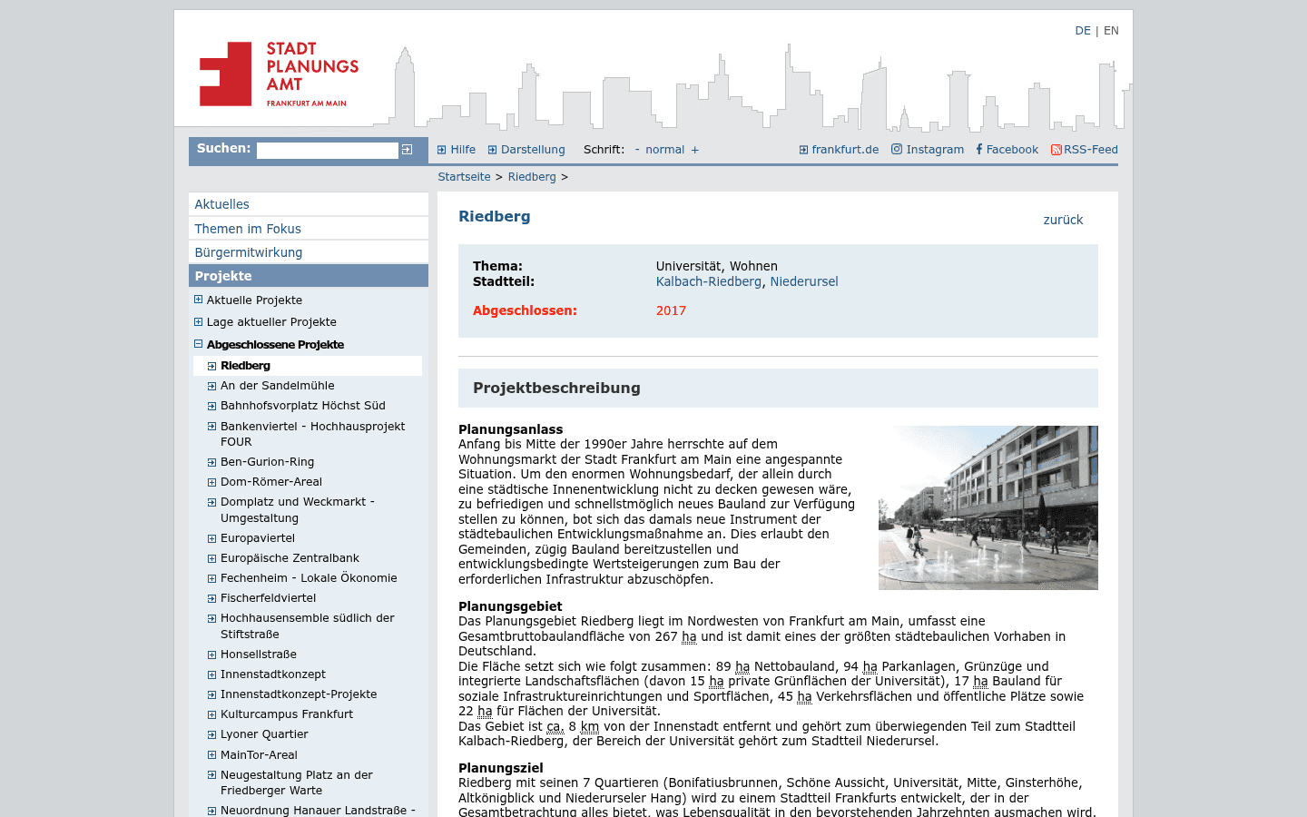 Projektdatenblatt des Stadtplanungsamts Frankfurt zum Riedberg mit Flaechenbilanz und Lageplan