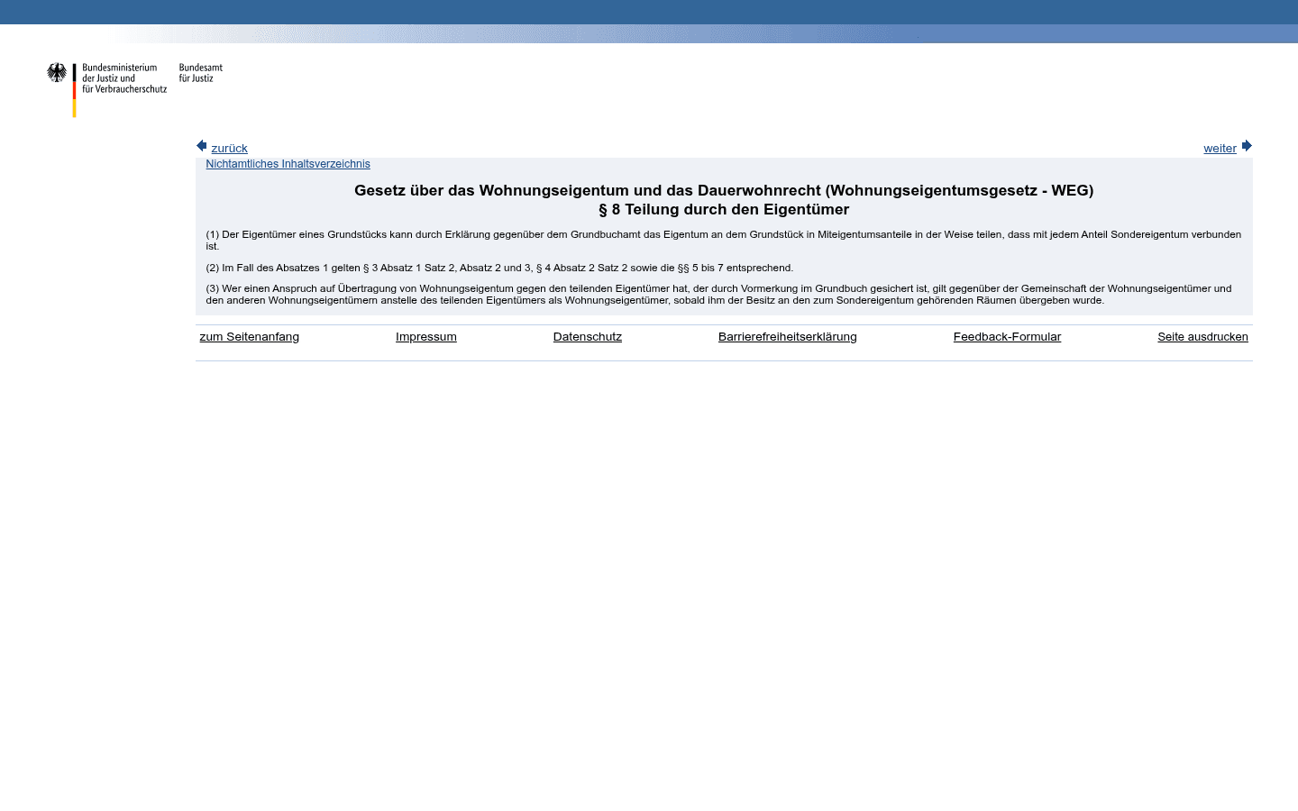 Gesetzestext von § 8 WEG (Teilung durch den Eigentümer) auf gesetze-im-internet.de als Rechtsgrundlage der Aufteilung
