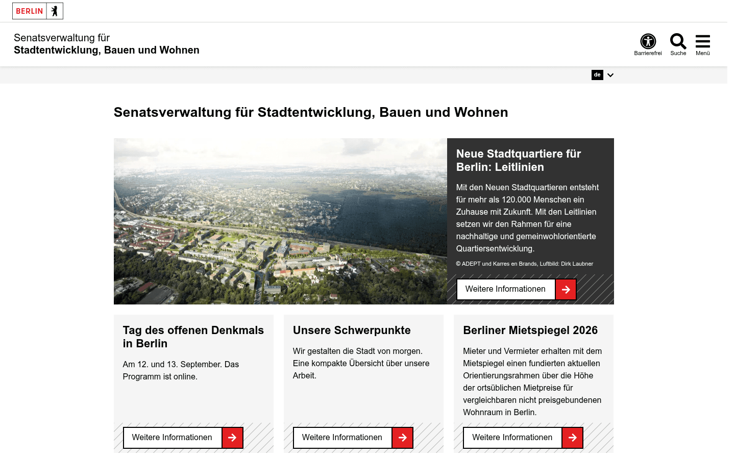 Mietspiegel-Tabelle der Senatsverwaltung für Stadtentwicklung, Bauen und Wohnen als Grundlage der Höchstmieten-Beispielrechnu