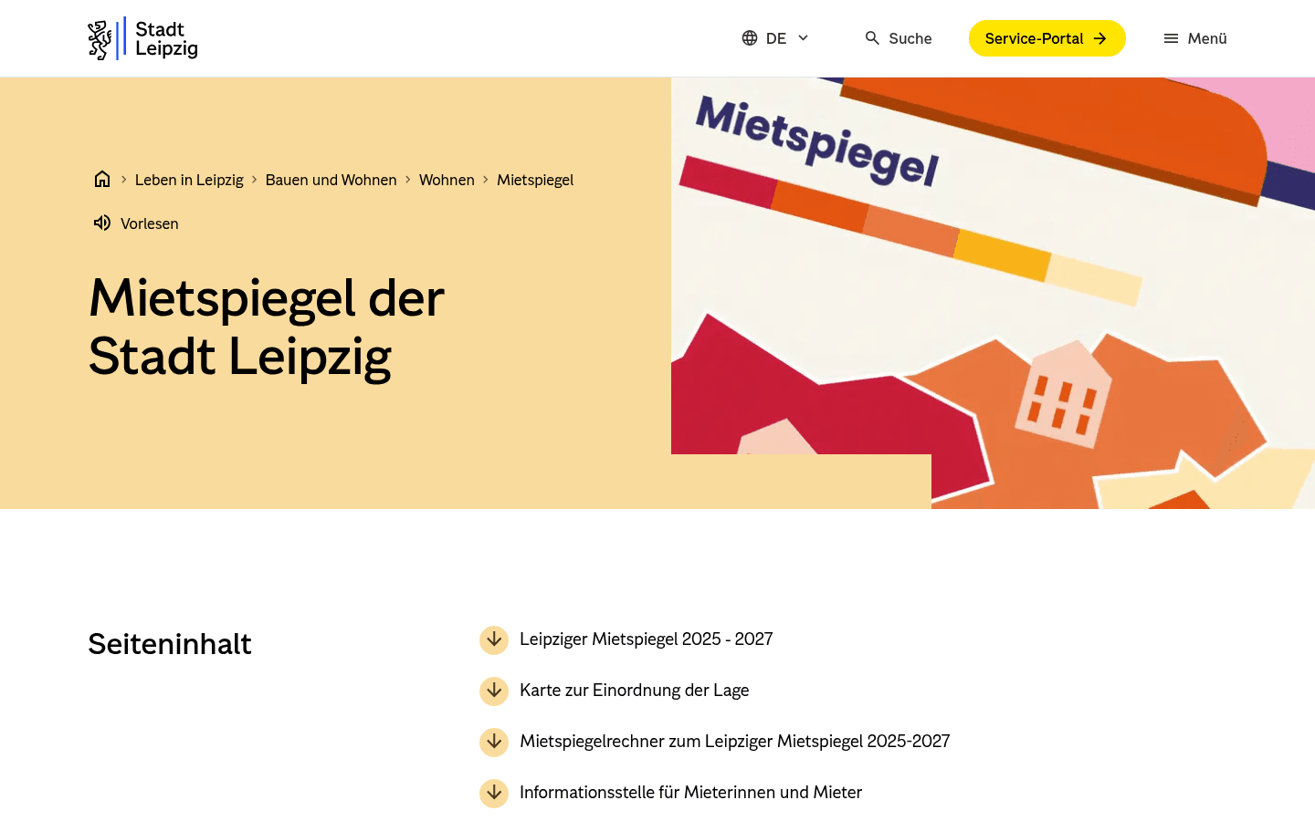 Amtliche Mietspiegel-Seite der Stadt Leipzig mit Informationen zum Mietspiegel 2025-2027 und Mietspiegelrechner