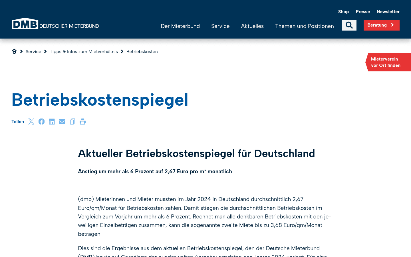 Betriebskostenspiegel des Deutschen Mieterbunds mit Durchschnittswerten je Betriebskostenart in Euro pro Quadratmeter