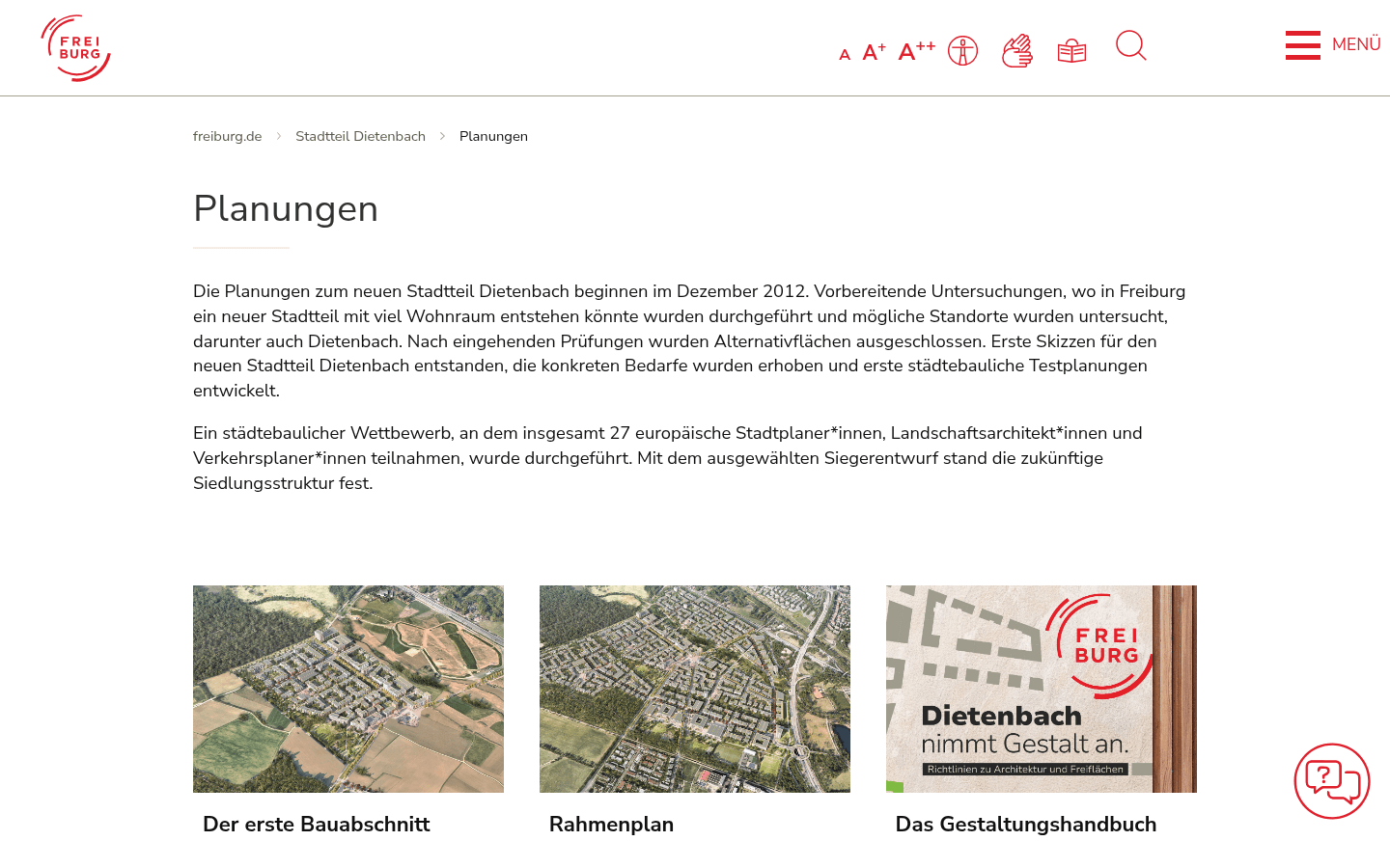 Planungsseite der Stadt Freiburg zu Dietenbach mit Zeitplan und Meilensteinen des Bebauungsplanverfahrens