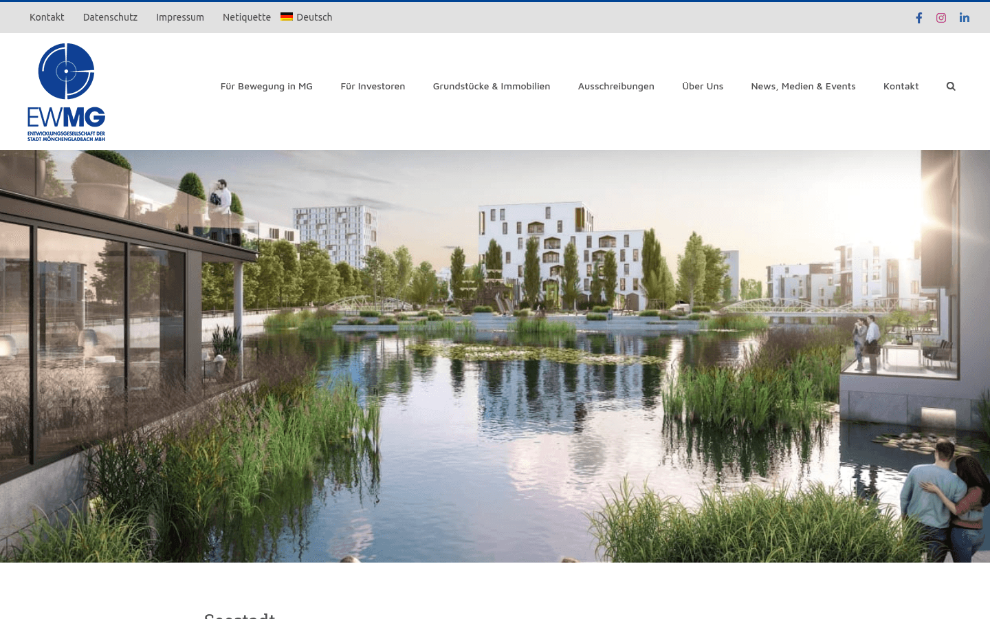Projektseite der städtischen Entwicklungsgesellschaft EWMG zur Seestadt mg+ in Mönchengladbach