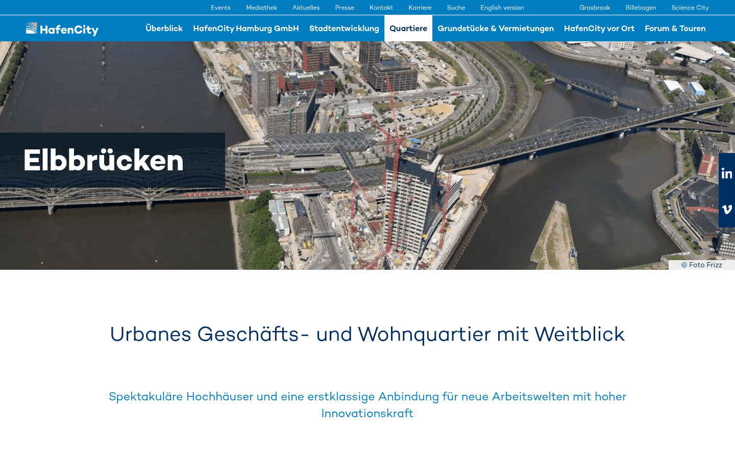 Quartiersseite der HafenCity Hamburg GmbH zu den Elbbrücken mit Visualisierung des Elbtowers