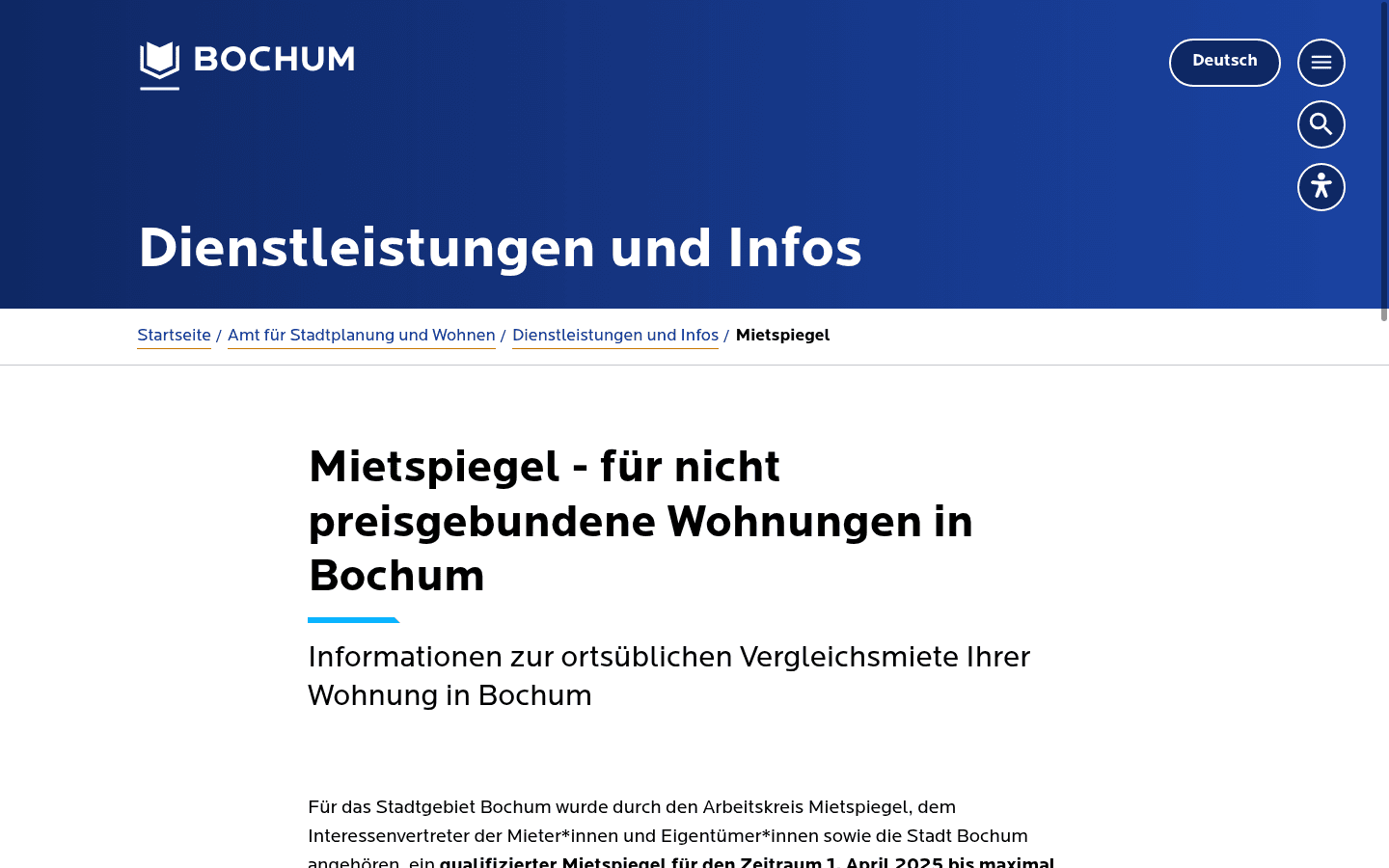 Amtliche Mietspiegel-Seite der Stadt Bochum mit Informationen zum qualifizierten Mietspiegel 2025-2027
