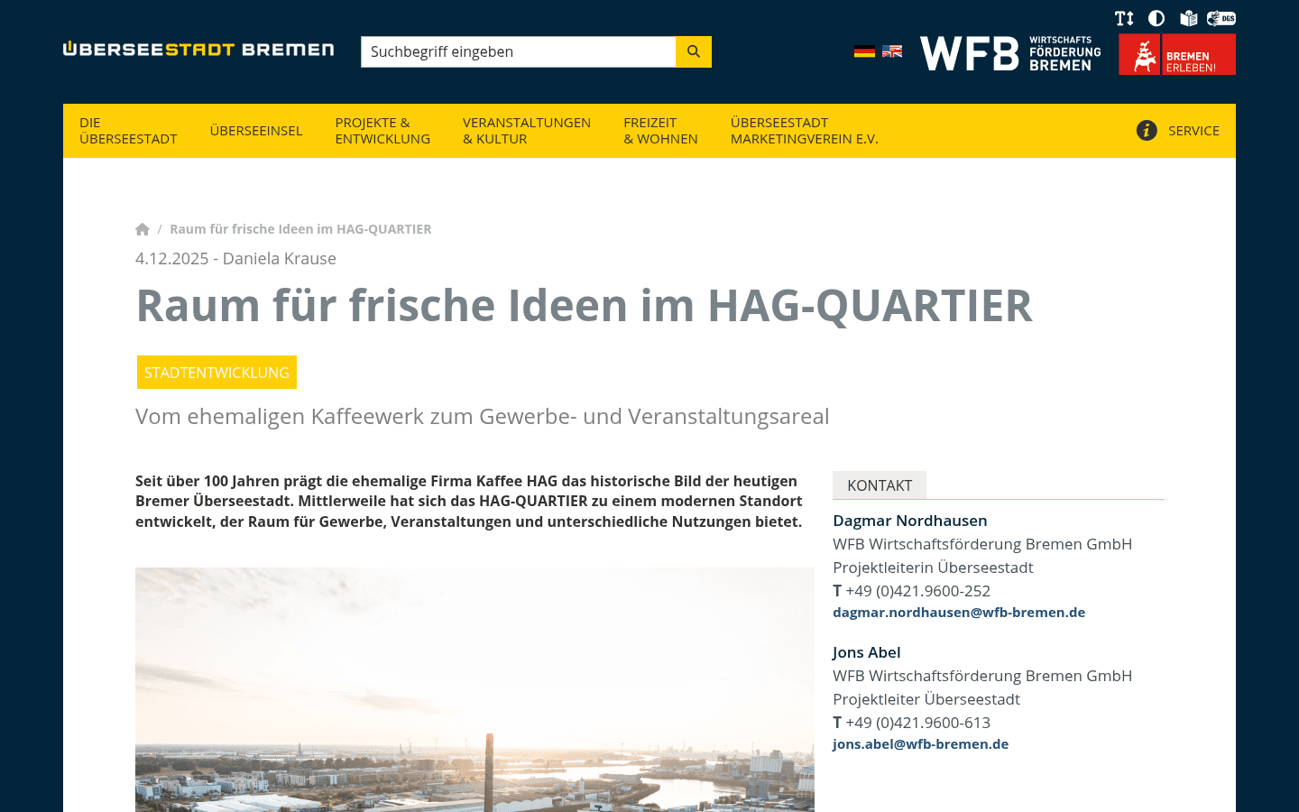 Portalartikel der Überseestadt Bremen zum HAG-Quartier mit aktuellem Vermietungsstand
