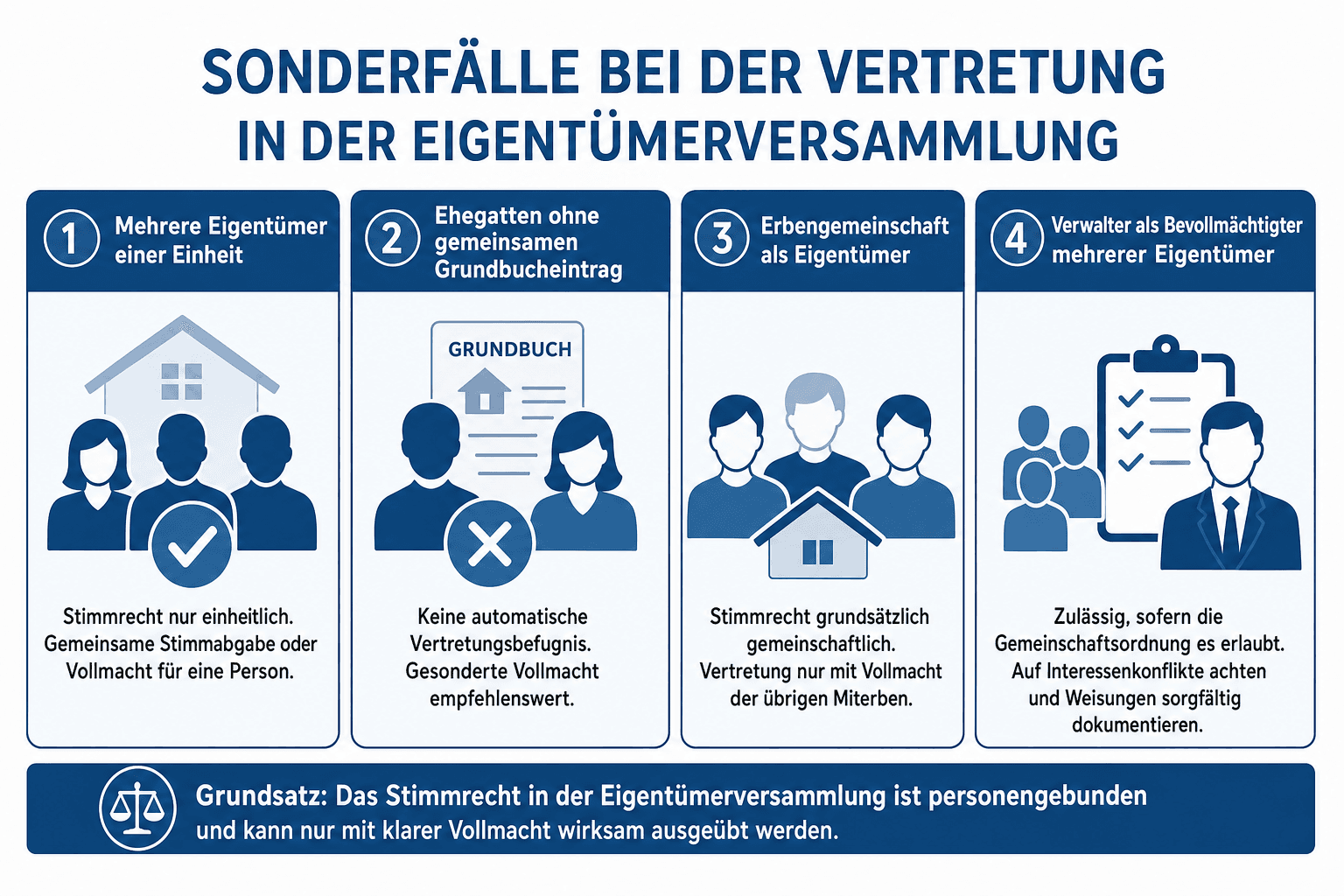 Infografik: Sonderfälle bei der Vertretung in der Eigentümerversammlung Konstellation: Mehrere Eigentümer einer Einheit | Praktische...