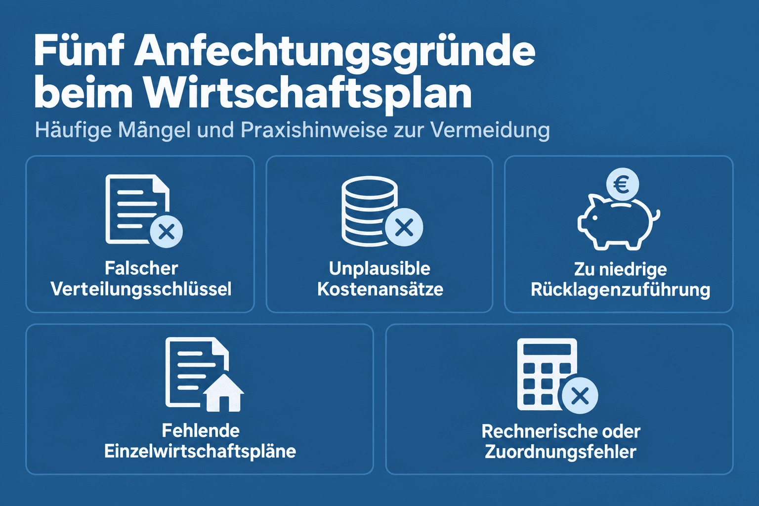 Infografik: Typische Anfechtungsgründe beim Wirtschaftsplan Anfechtungsgrund: Falscher Verteilungsschlüssel | Beispiel: Kosten werde...