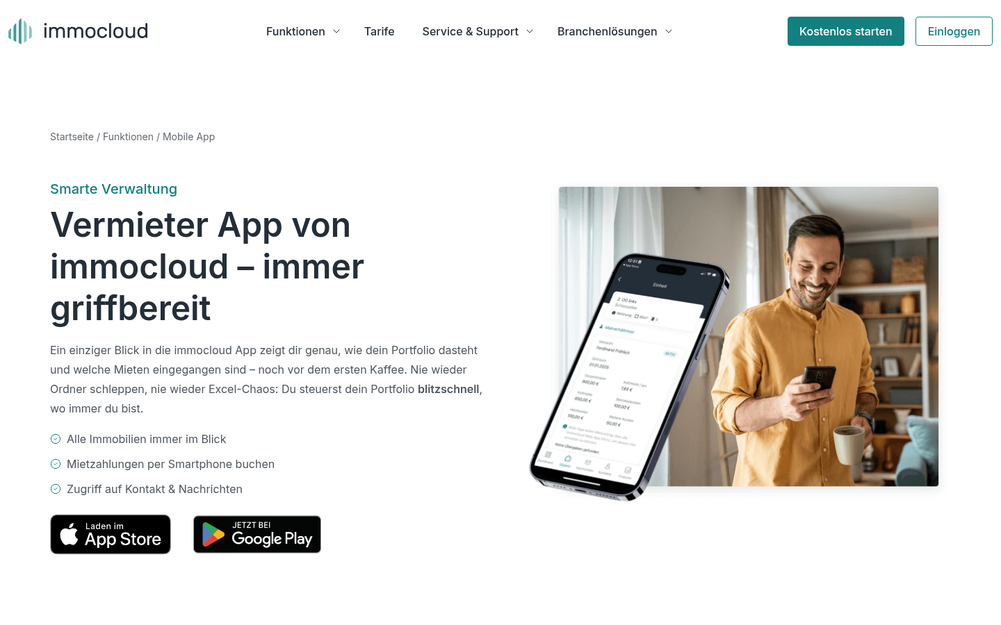 Screenshot der immocloud-App-Seite mit Download-Links für App Store und Google Play