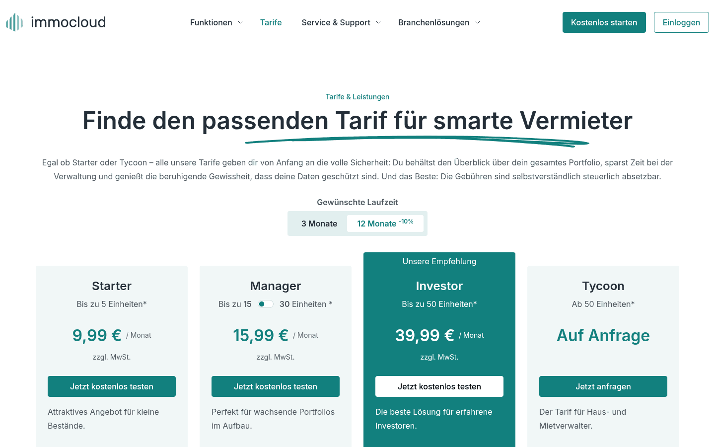 Tarifübersicht von immocloud mit allen Preisstufen und Staffelungen