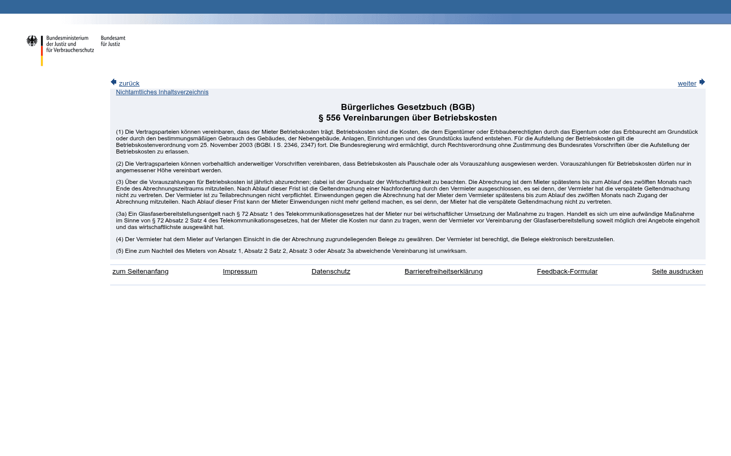 Screenshot von § 556 BGB auf gesetze-im-internet.de mit markiertem Absatz 3 zur Zwölf-Monats-Frist und Ausschluss von Nachfor