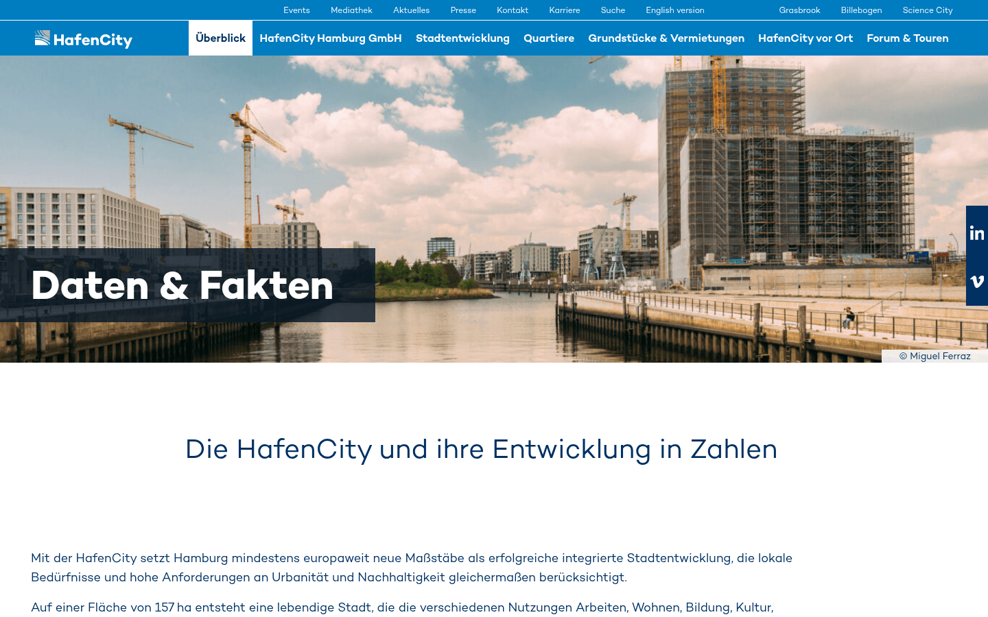 Daten-und-Fakten-Seite der HafenCity Hamburg GmbH mit aktuellen Kennzahlen zu Fläche, Investitionen und Wohnungen