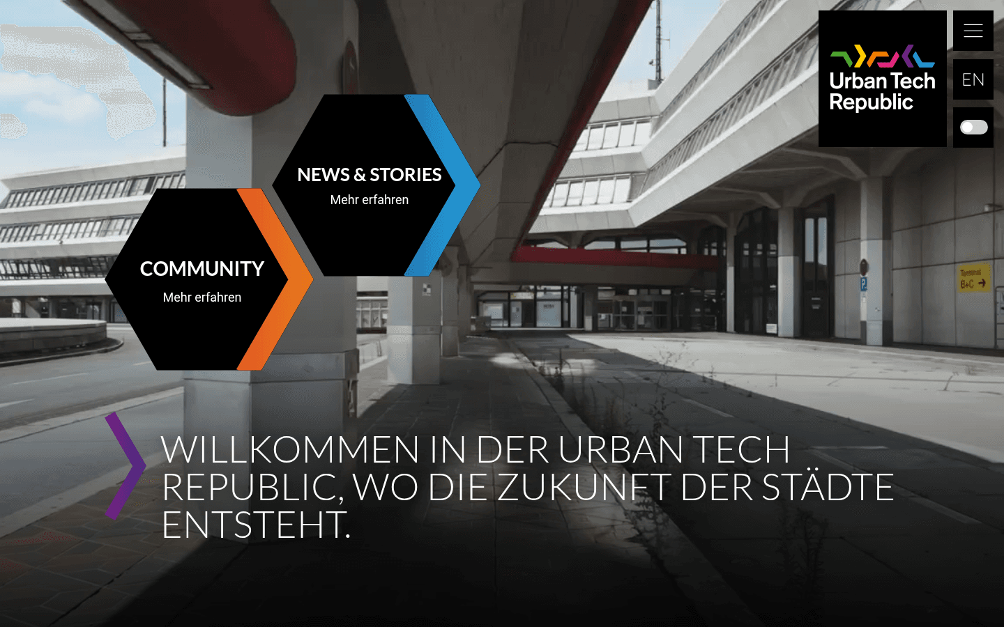 Startseite der Urban Tech Republic mit Visualisierung des Forschungs- und Industrieparks im ehemaligen Flughafen Tegel