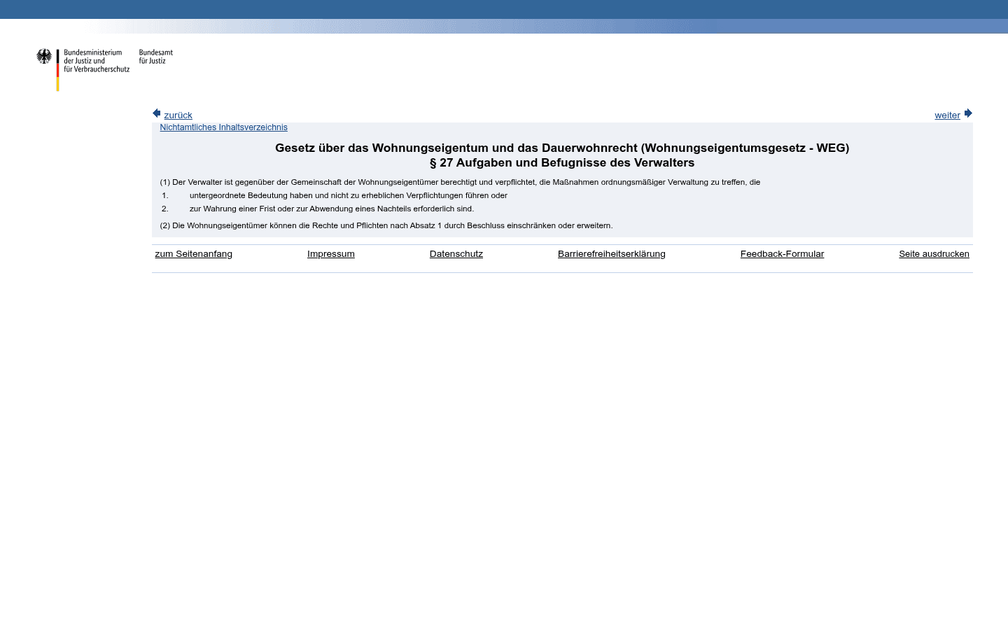 Gesetzestext von § 27 WEG (Aufgaben und Befugnisse des Verwalters) mit Absatz 1 und 2