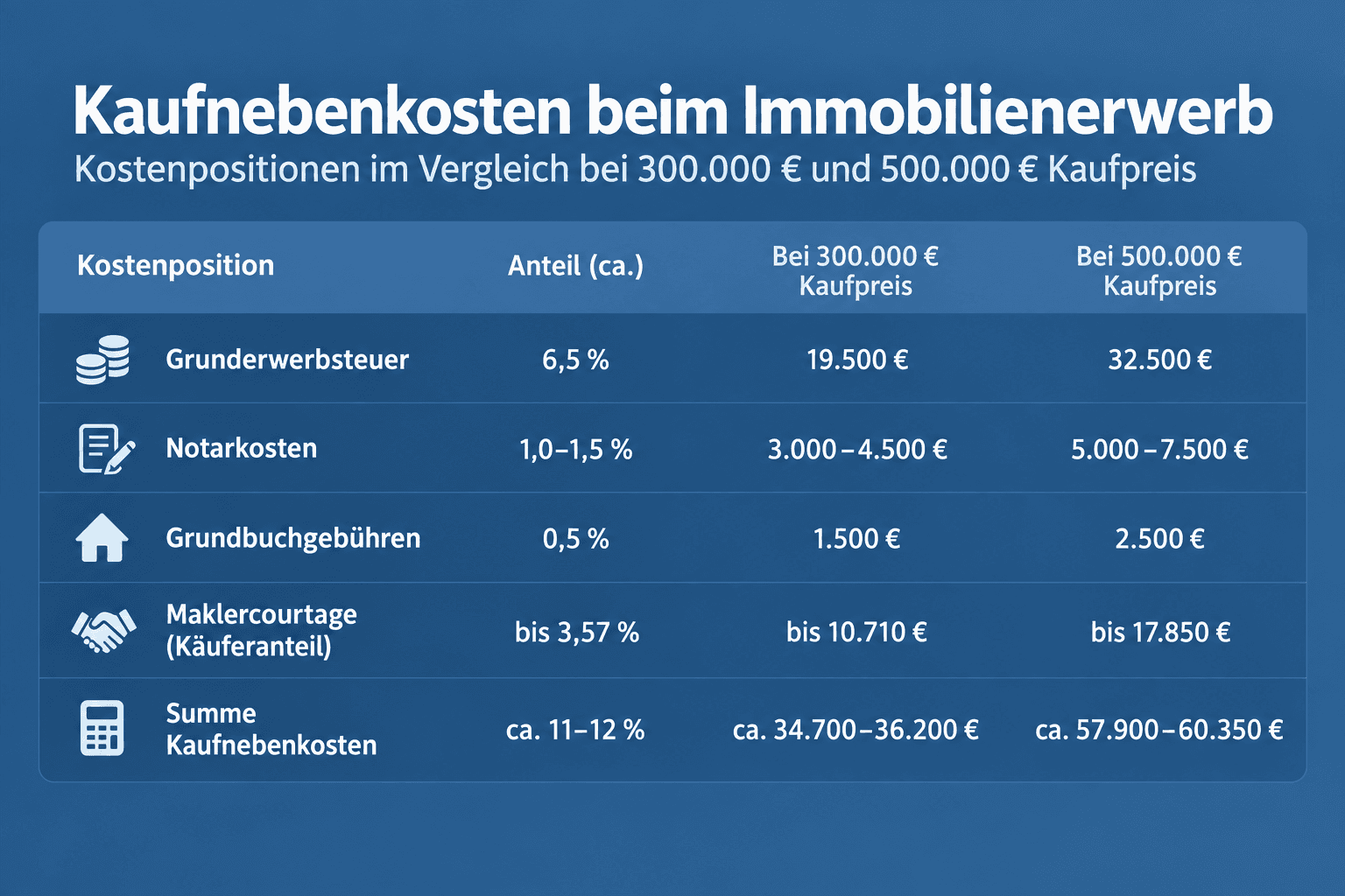Infografik: Kaufnebenkosten im Vergleich: Grunderwerbsteuer, Notar, Grundbuch, Makler Kostenposition: Grunderwerbsteuer | Anteil (ca...