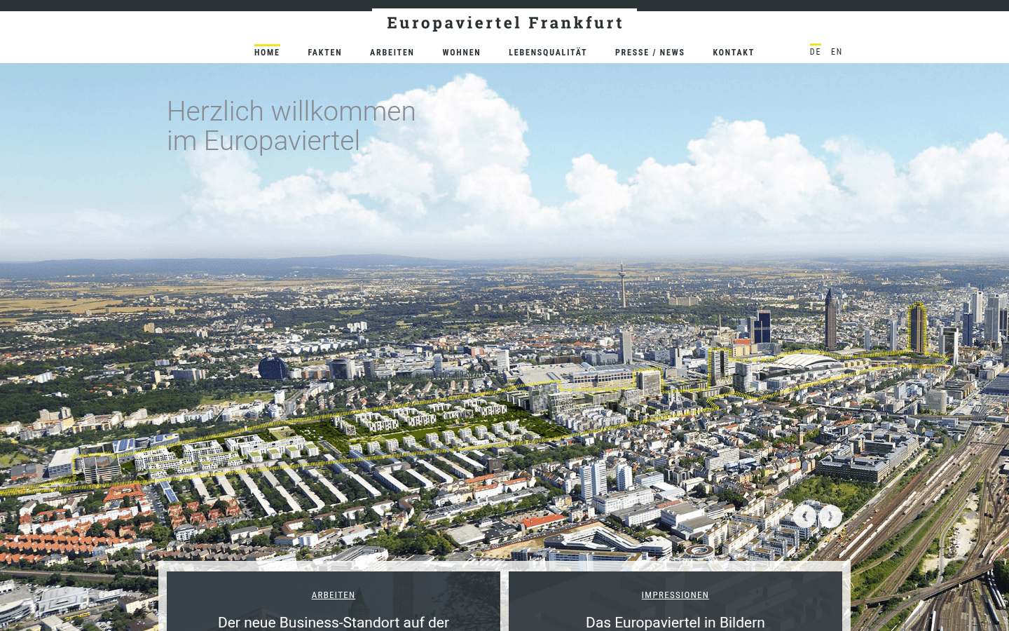 Startseite der Quartierswebsite europaviertel.de mit Übersicht zum Europaviertel Frankfurt