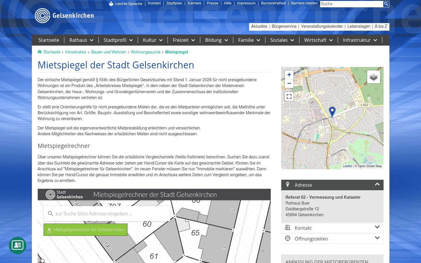 Amtliche Mietspiegel-Seite der Stadt Gelsenkirchen mit Mietspiegelrechner