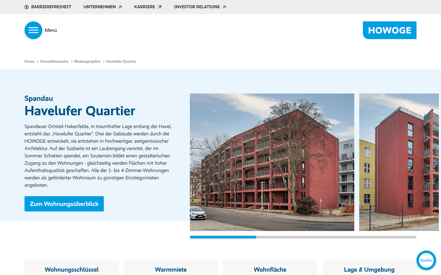 HOWOGE-Projektseite zum Havelufer Quartier mit Wohnungsschlüssel, Warmmiete und Lageangaben