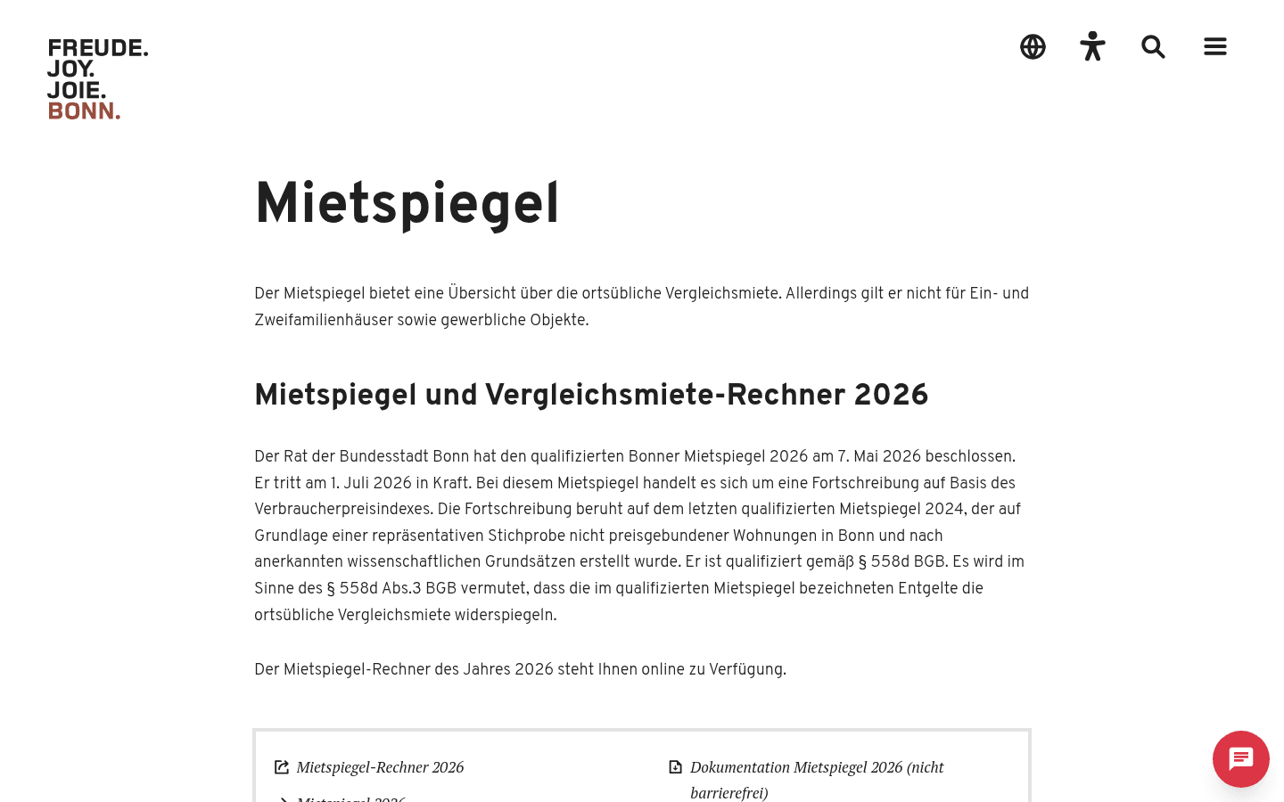 Amtliche Mietspiegel-Übersichtsseite der Bundesstadt Bonn mit Links zu Mietspiegel-Rechner 2026 und Dokumentation
