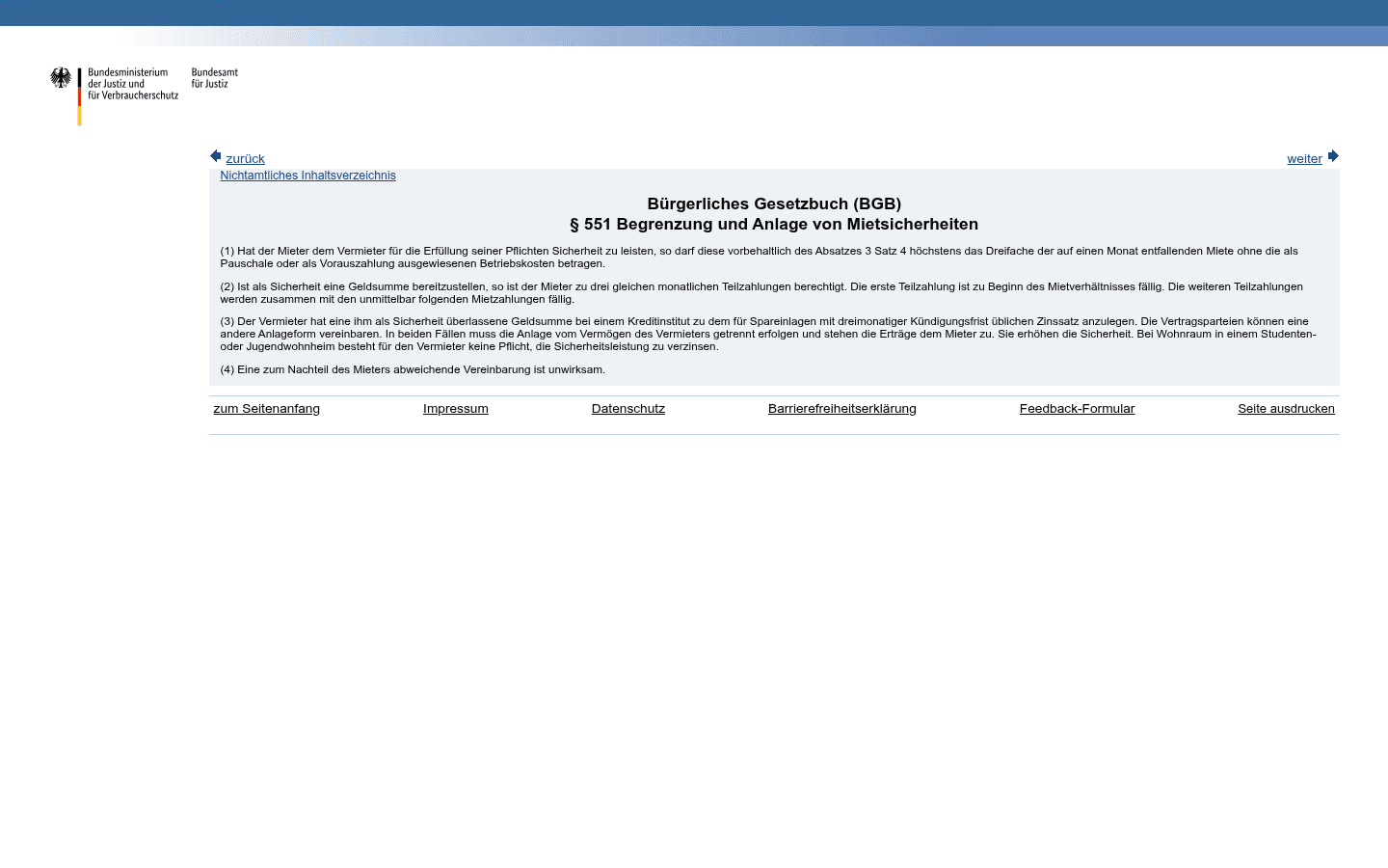 Gesetzestext von § 551 BGB zur Begrenzung und Anlage von Mietsicherheiten auf gesetze-im-internet.de
