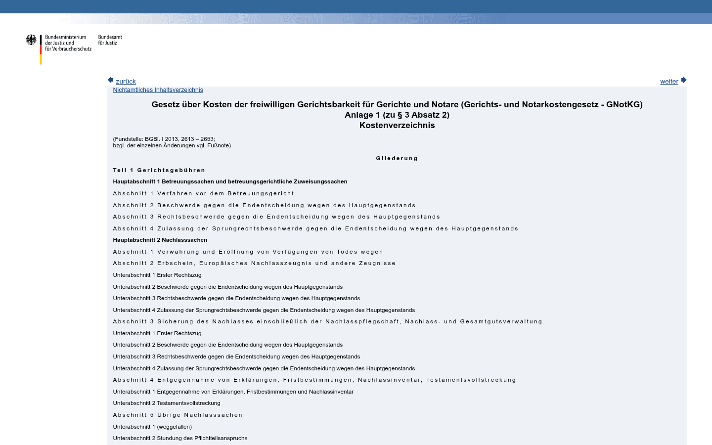 Amtliches Kostenverzeichnis der Anlage 1 zum GNotKG mit Gebührennummern und Gebührensätzen